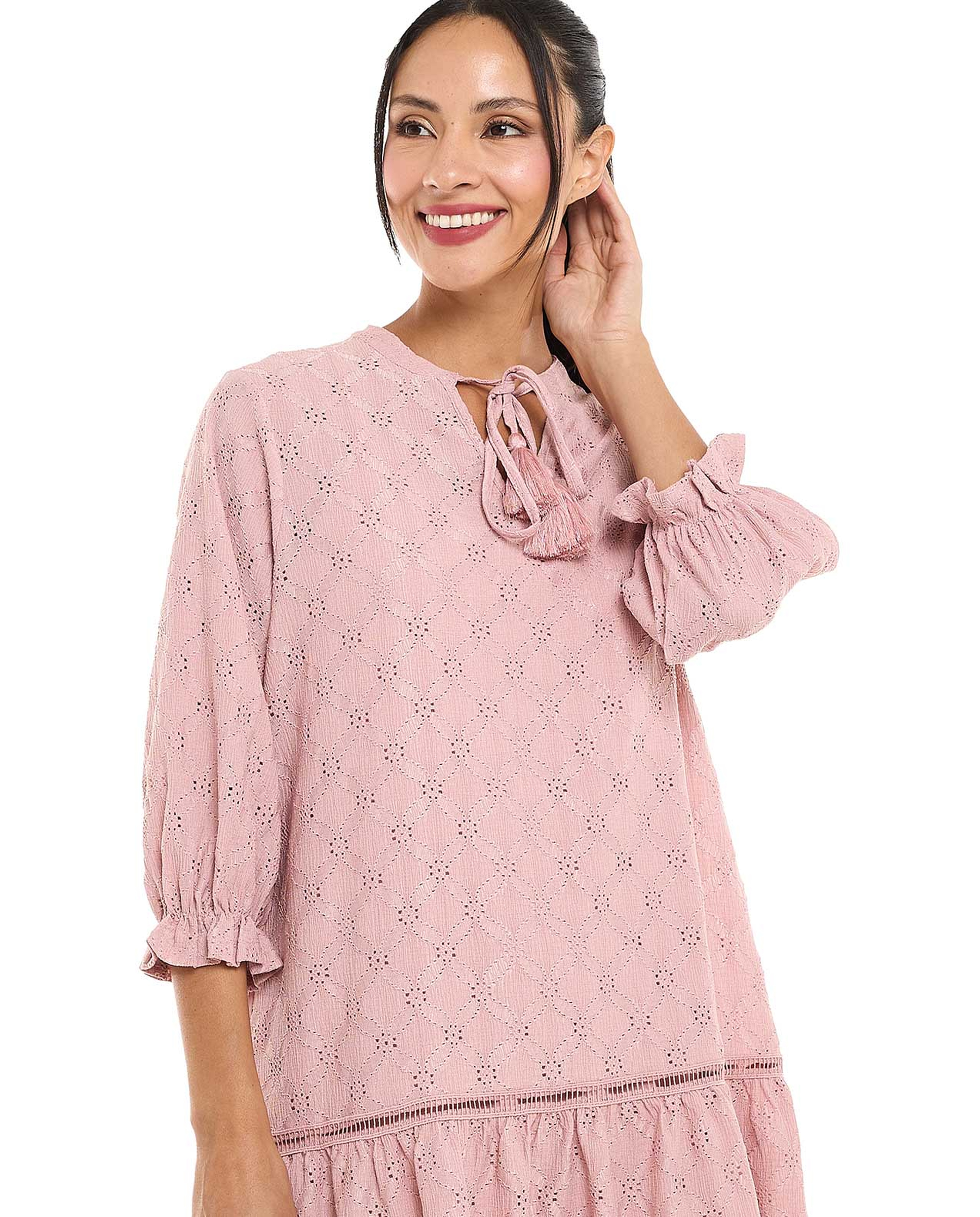 Schiffli Mini Dress with Tie-Up Neck and 3/4 Sleeves