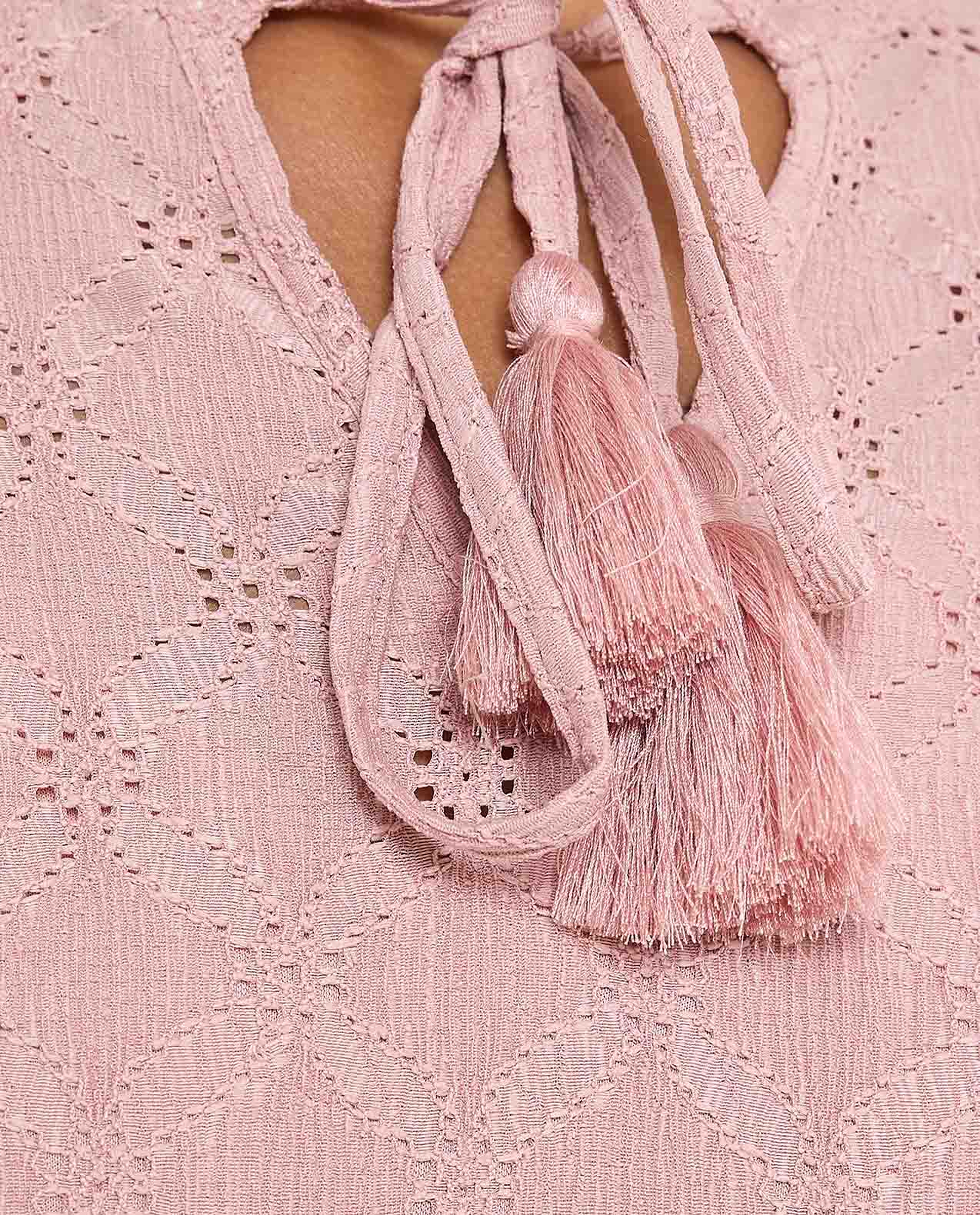 Schiffli Mini Dress with Tie-Up Neck and 3/4 Sleeves