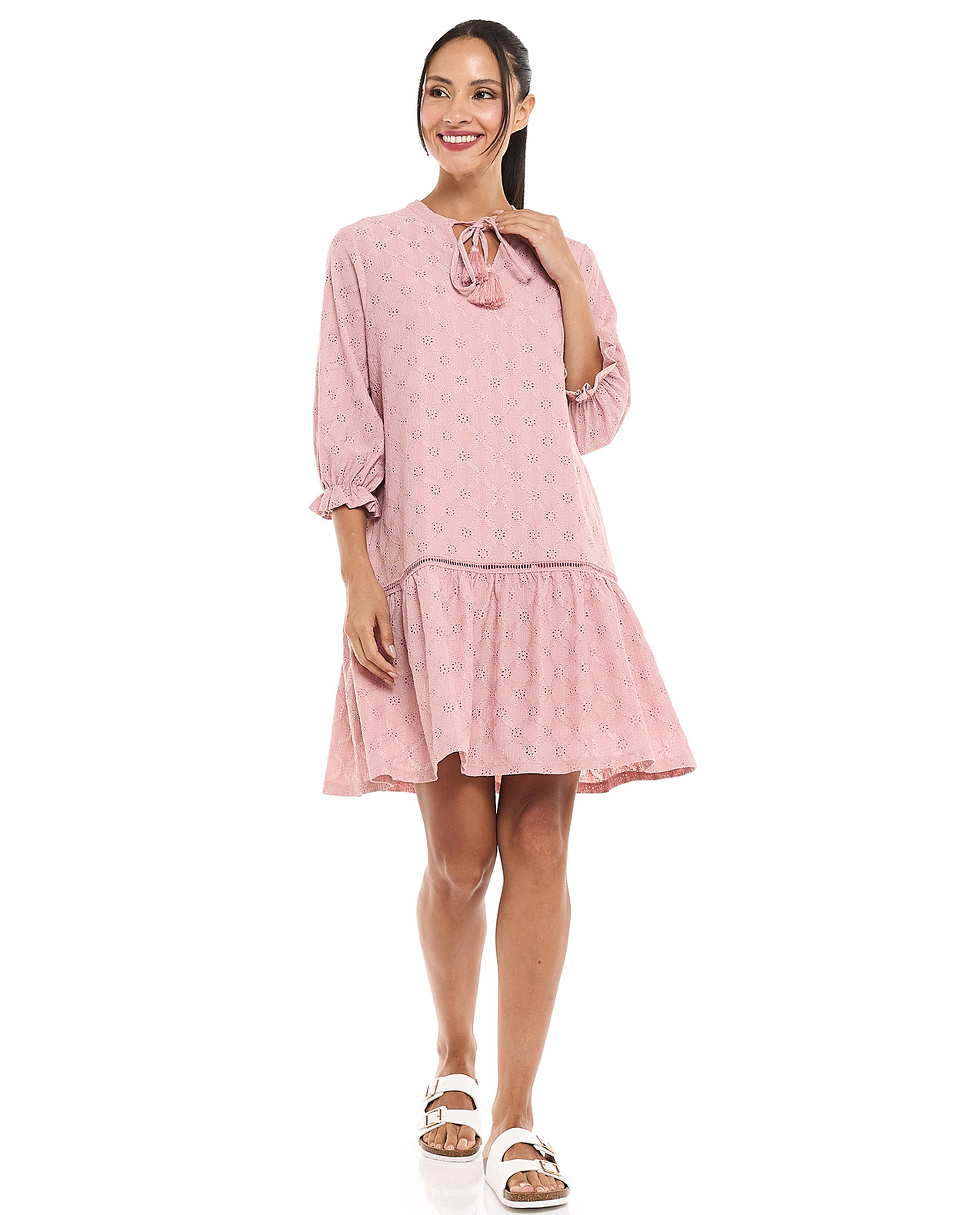 Schiffli Mini Dress with Tie-Up Neck and 3/4 Sleeves
