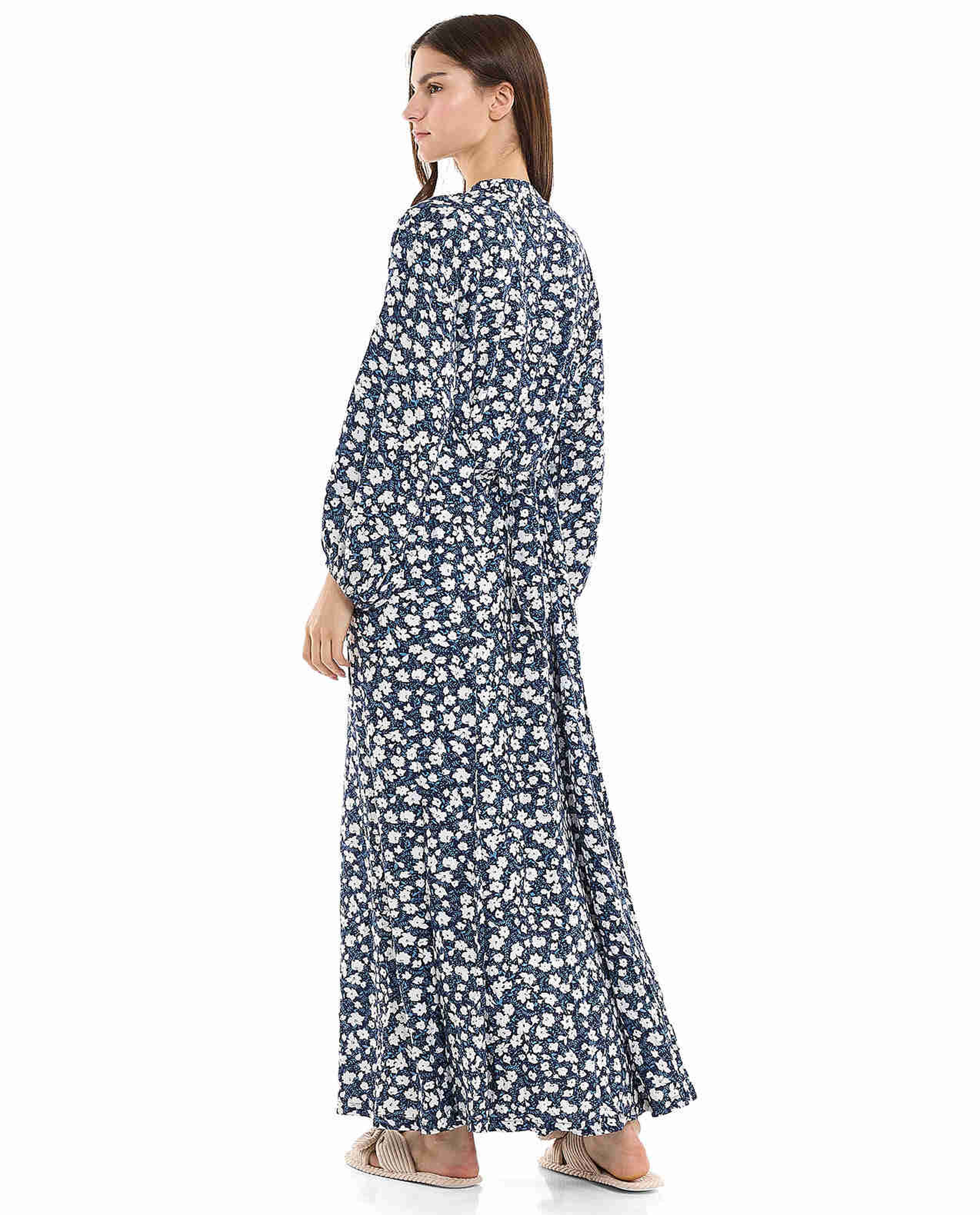 Printed Maxi Dress with Stand Collar and Puff Sleeves