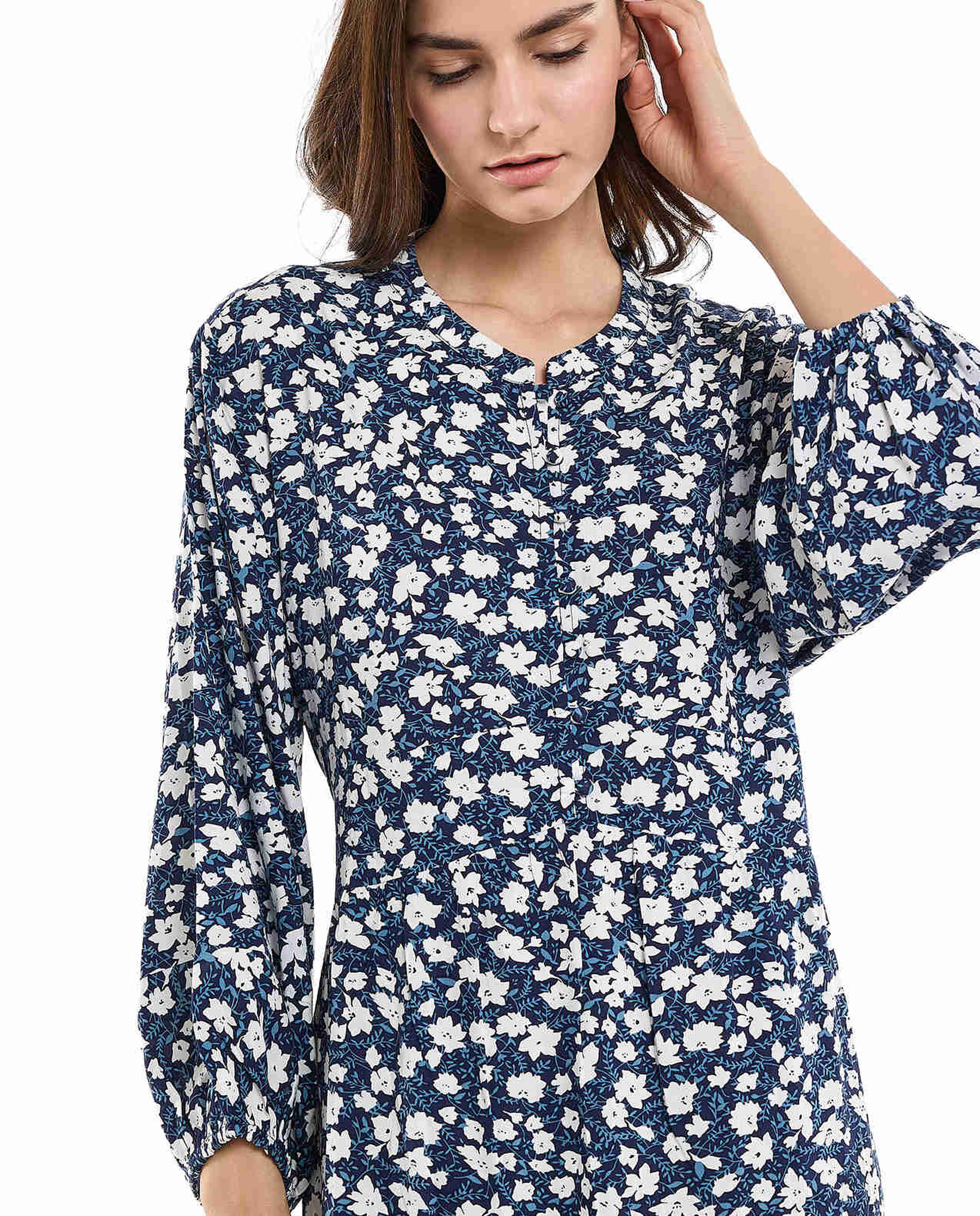 Printed Maxi Dress with Stand Collar and Puff Sleeves