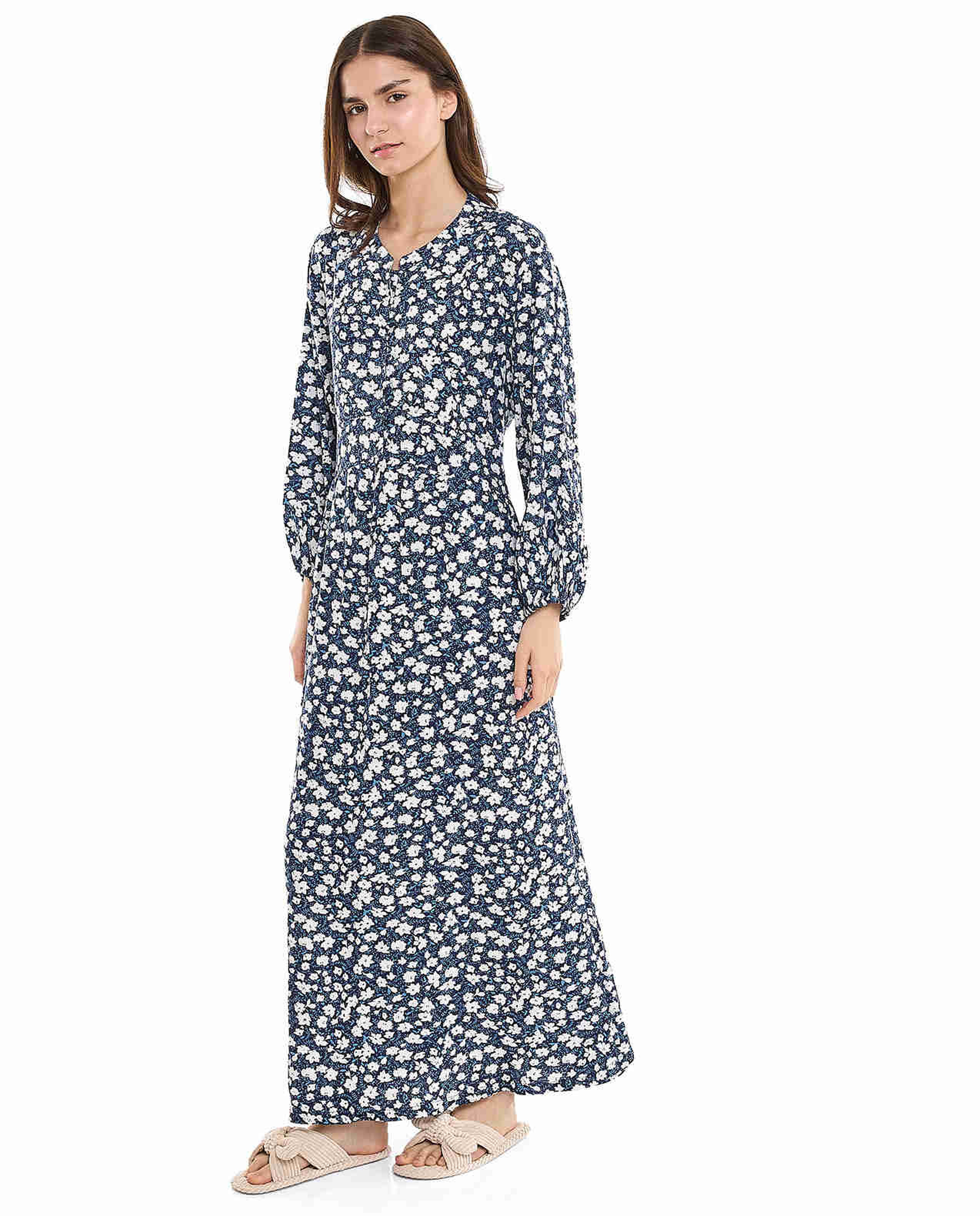 Printed Maxi Dress with Stand Collar and Puff Sleeves