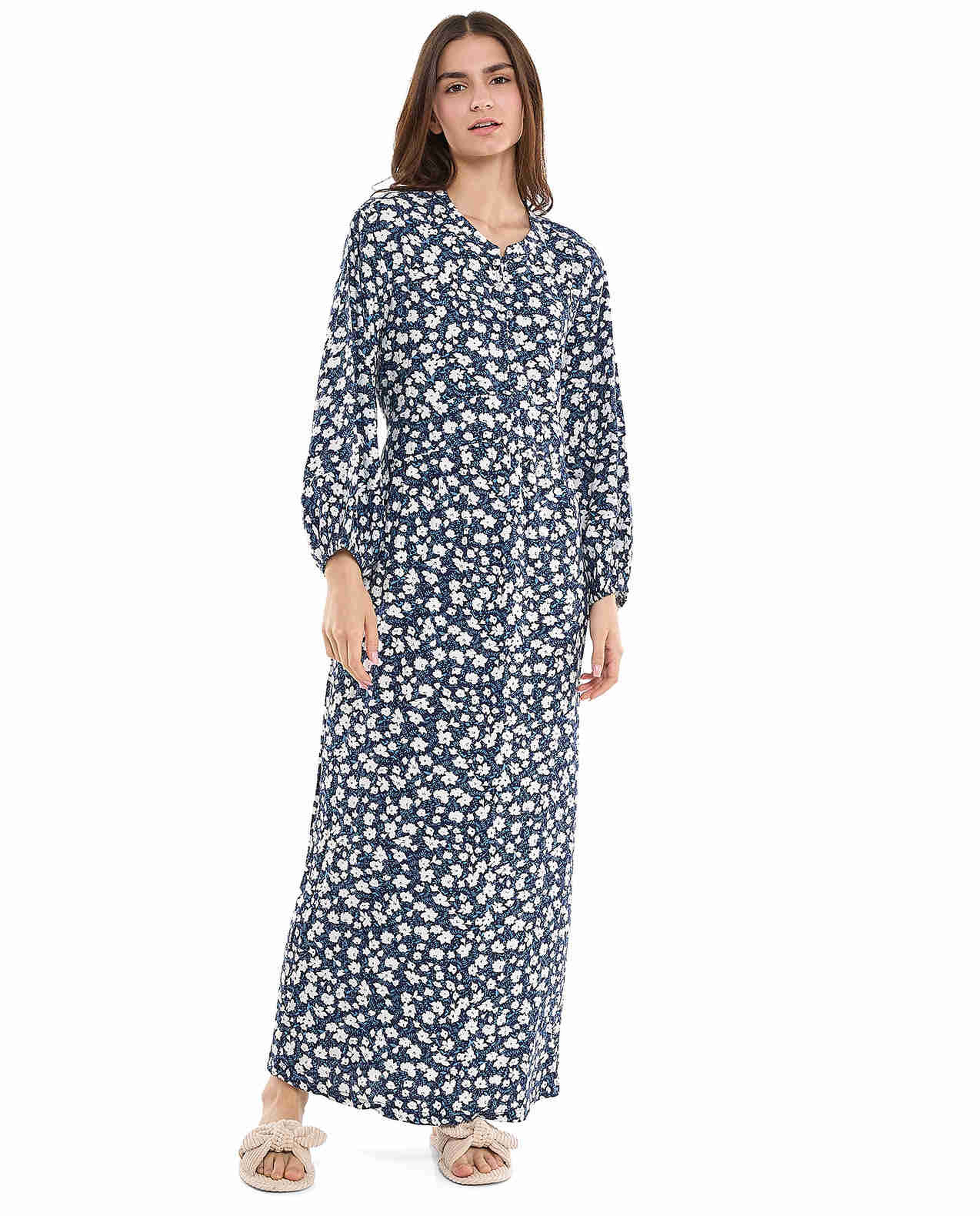 Printed Maxi Dress with Stand Collar and Puff Sleeves