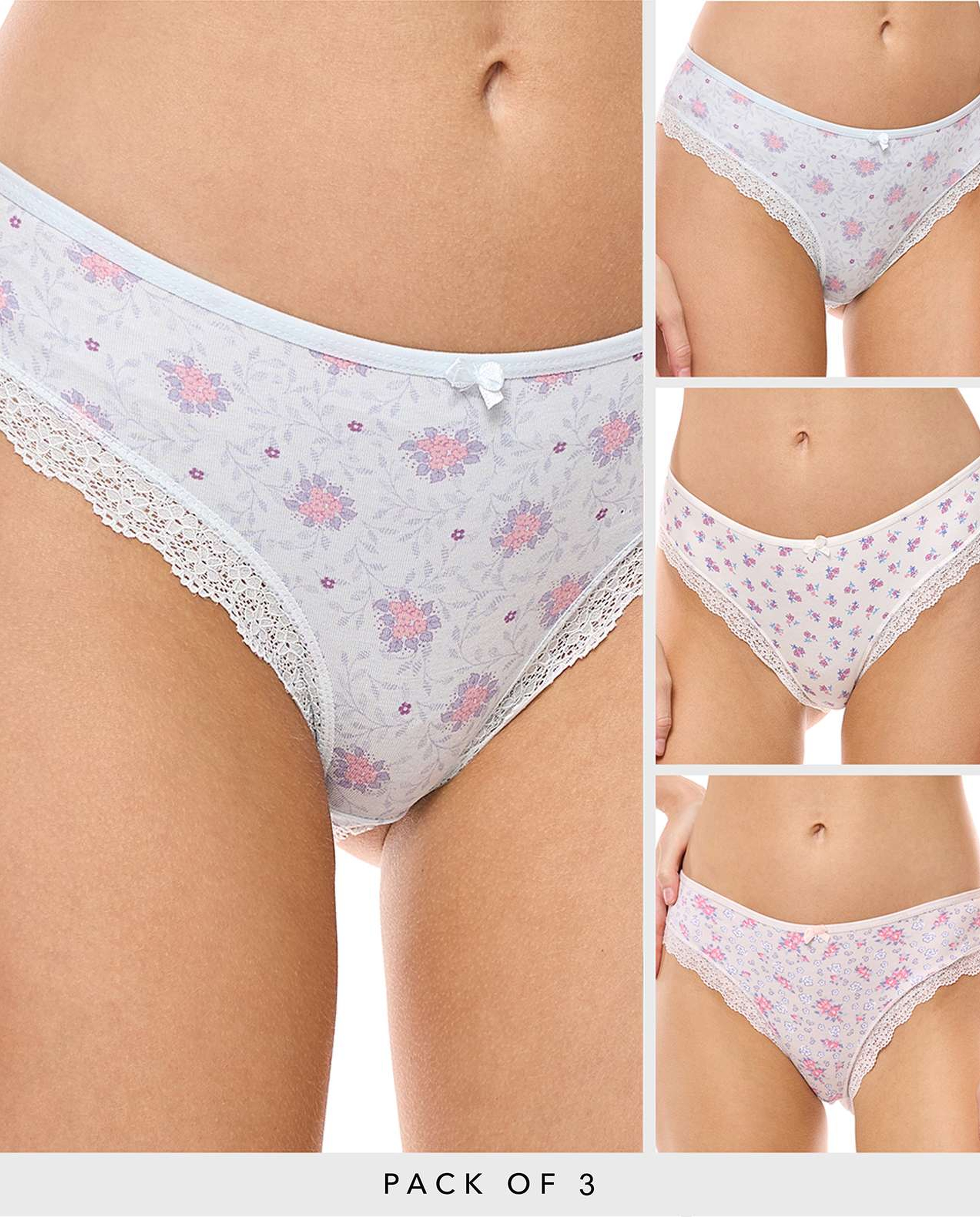3 Pack Printed Lace Trim Brazilian Briefs