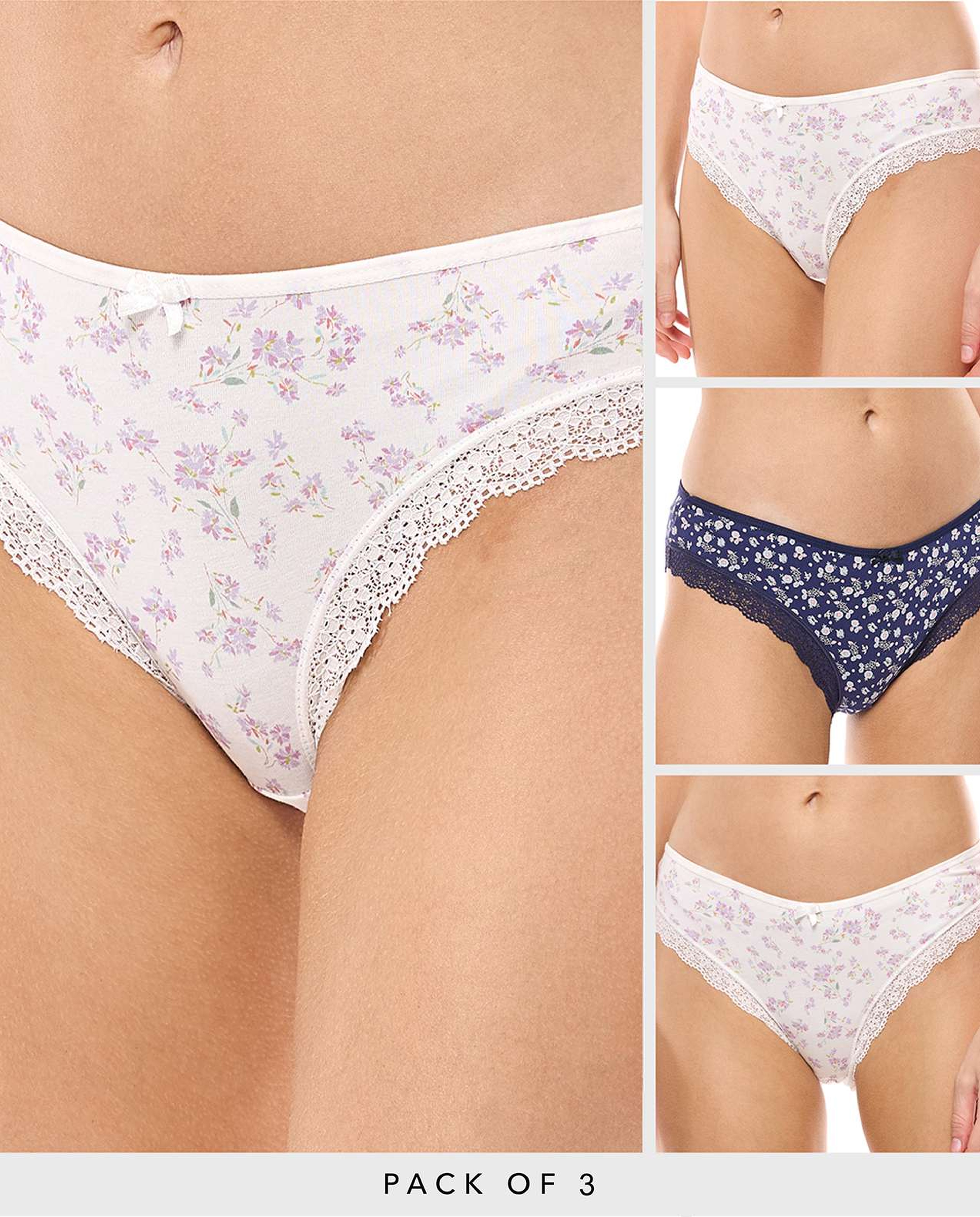 3 Pack Printed Lace Trim Brazilian Briefs
