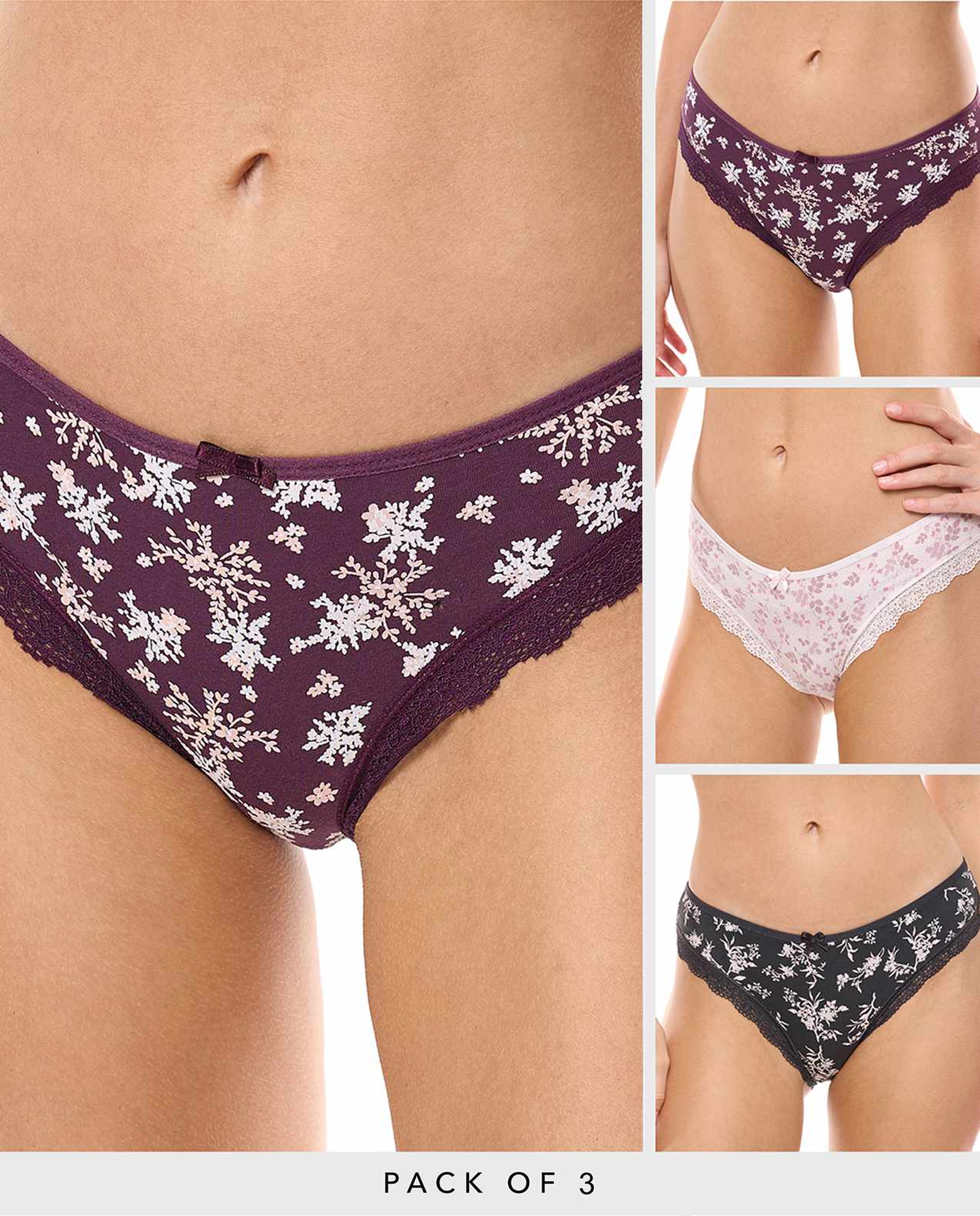3 Pack Printed Lace Trim Brazilian Briefs