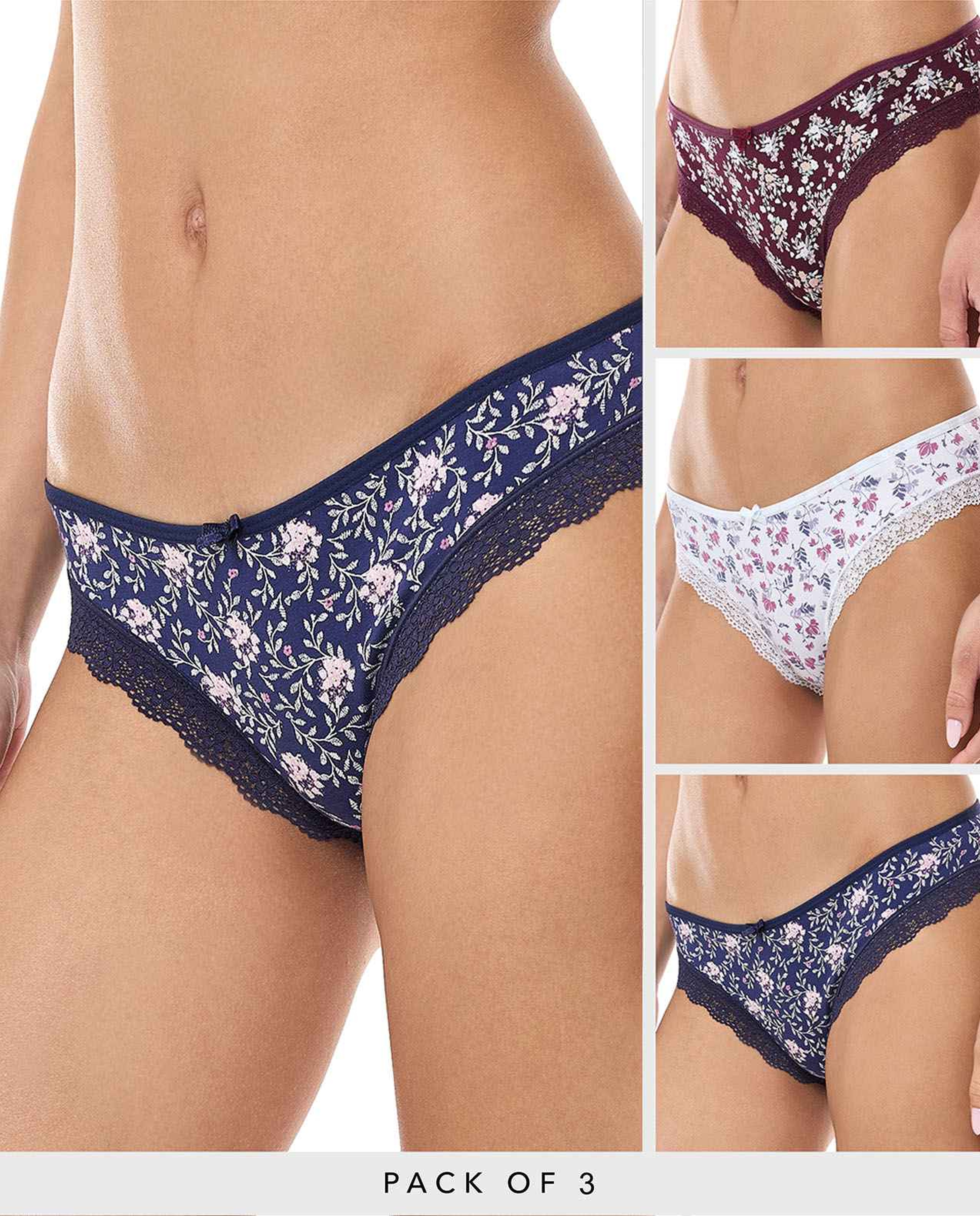 3 Pack Printed Lace Trim Brazilian Briefs