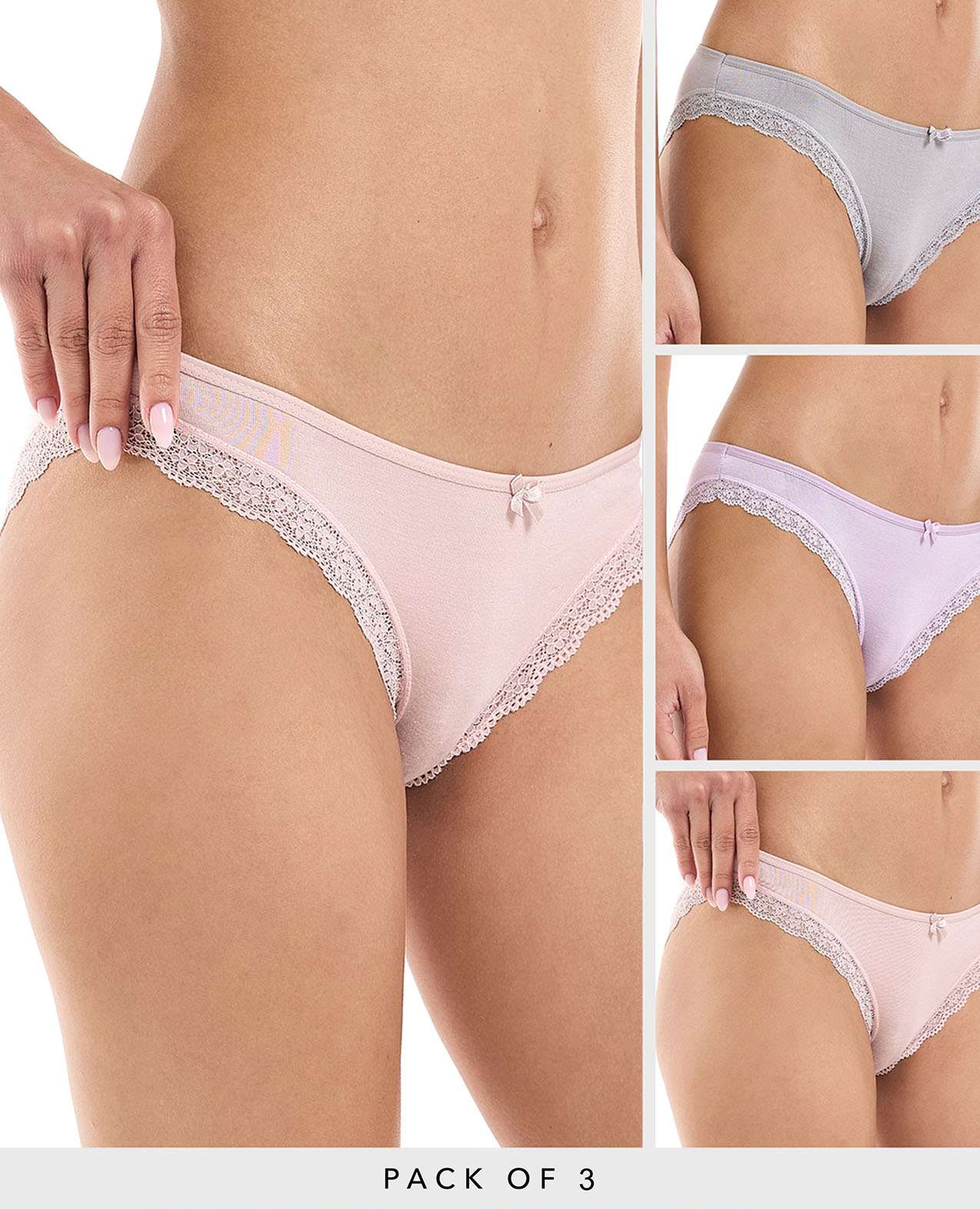 طقم سروال داخلي برازيلي مزين بدانتيل - 3 قطع