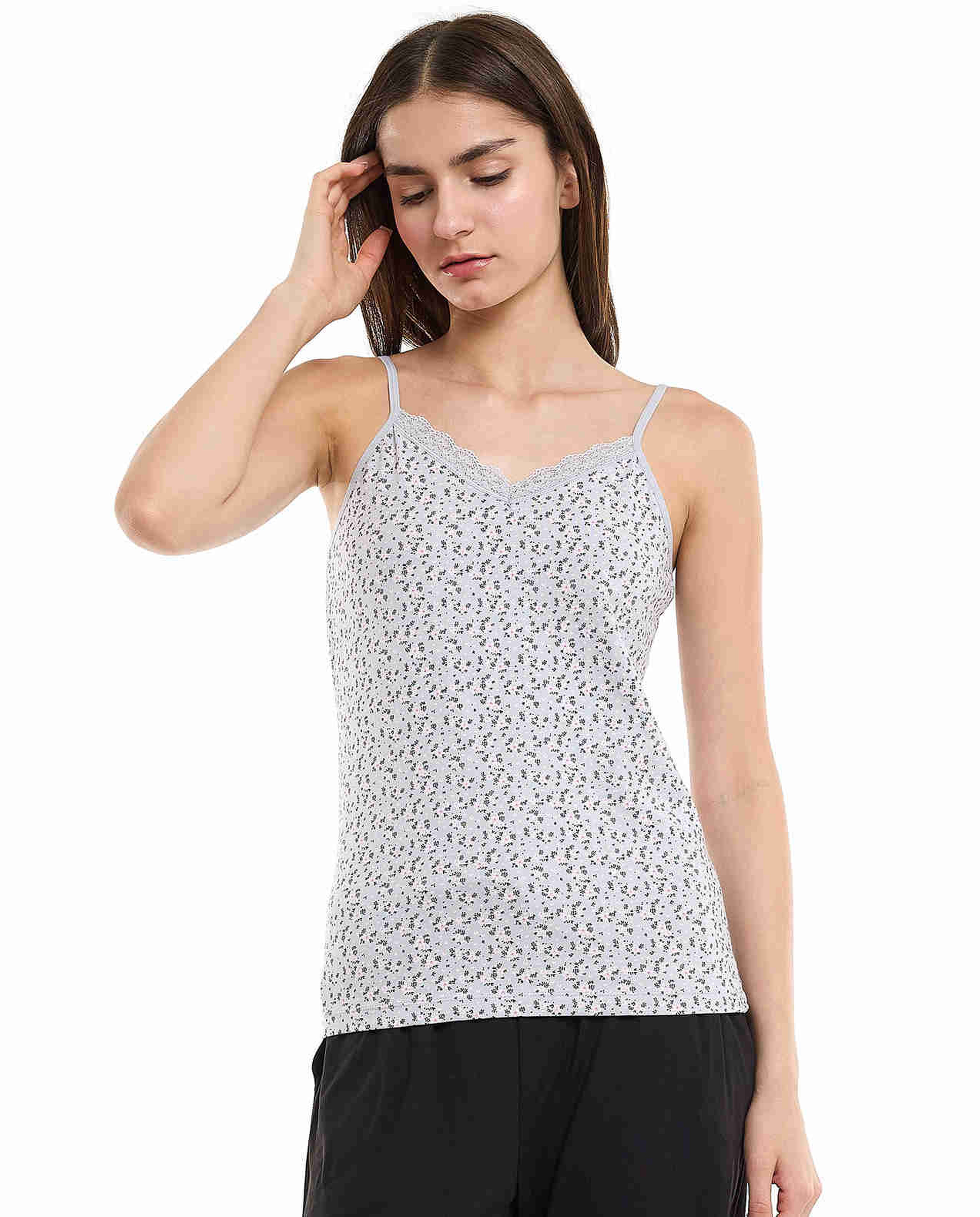 Printed Lace Trim Camisole with V-Neck
