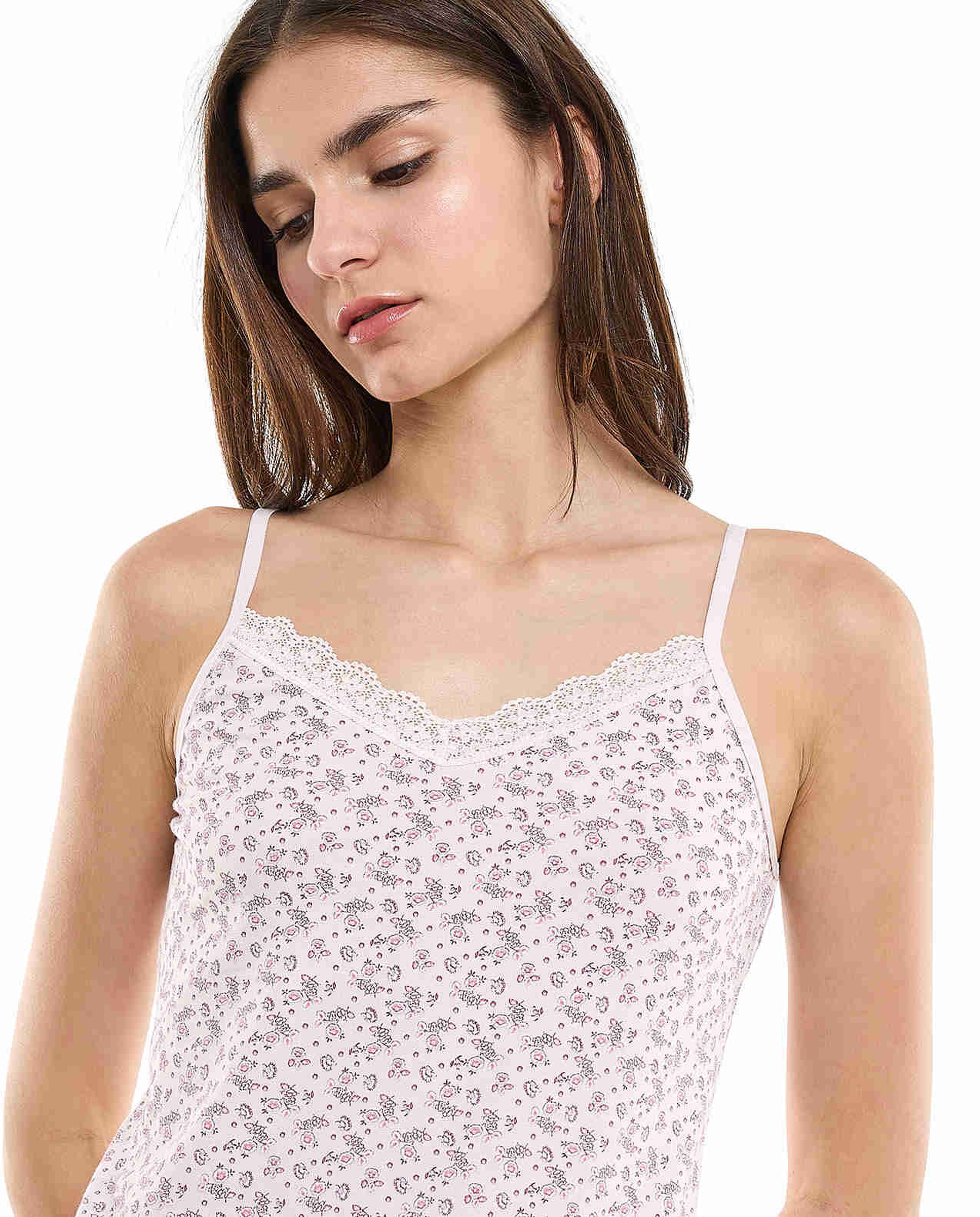 Printed Lace Trim Camisole with V-Neck