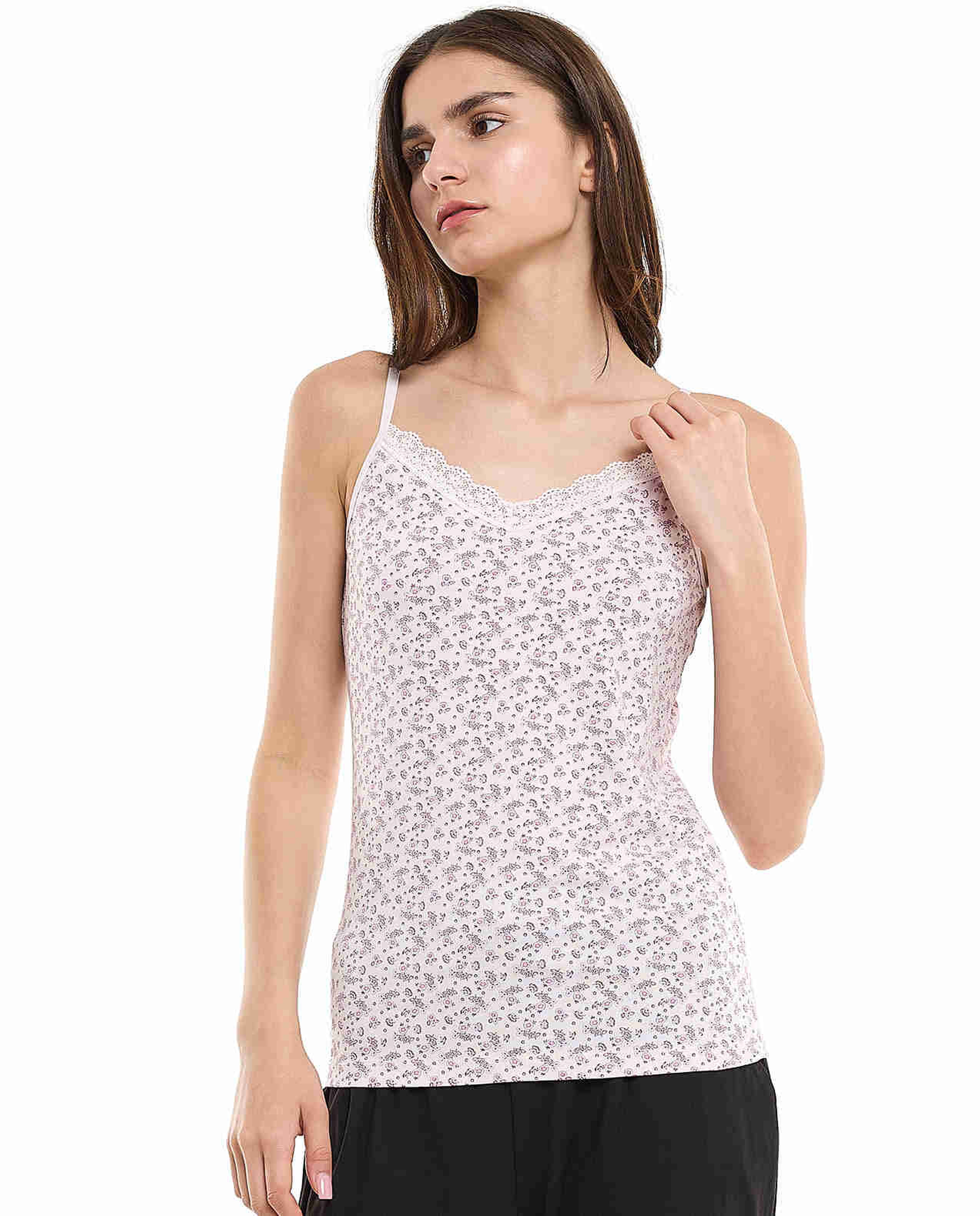 Printed Lace Trim Camisole with V-Neck