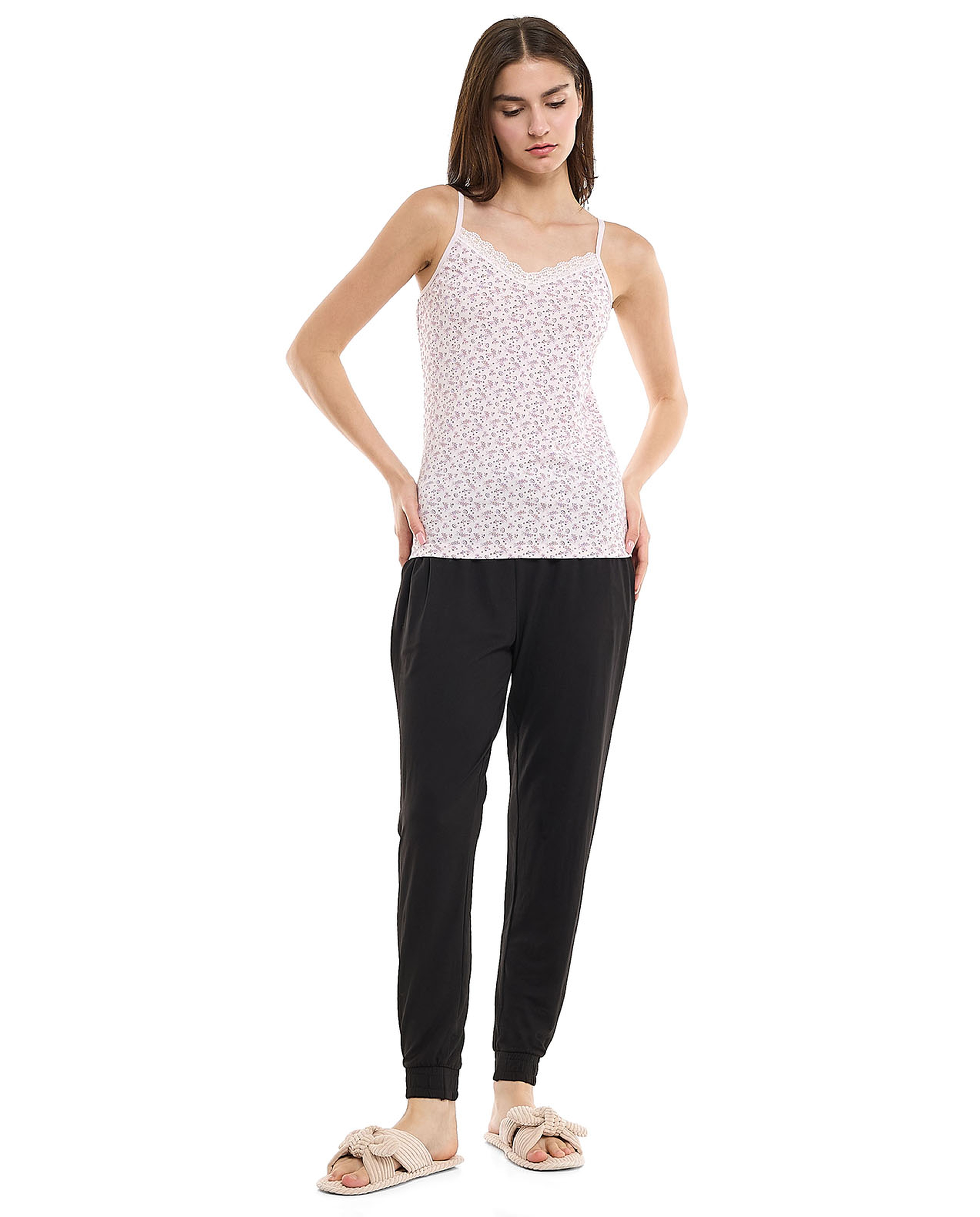 Printed Lace Trim Camisole with V-Neck