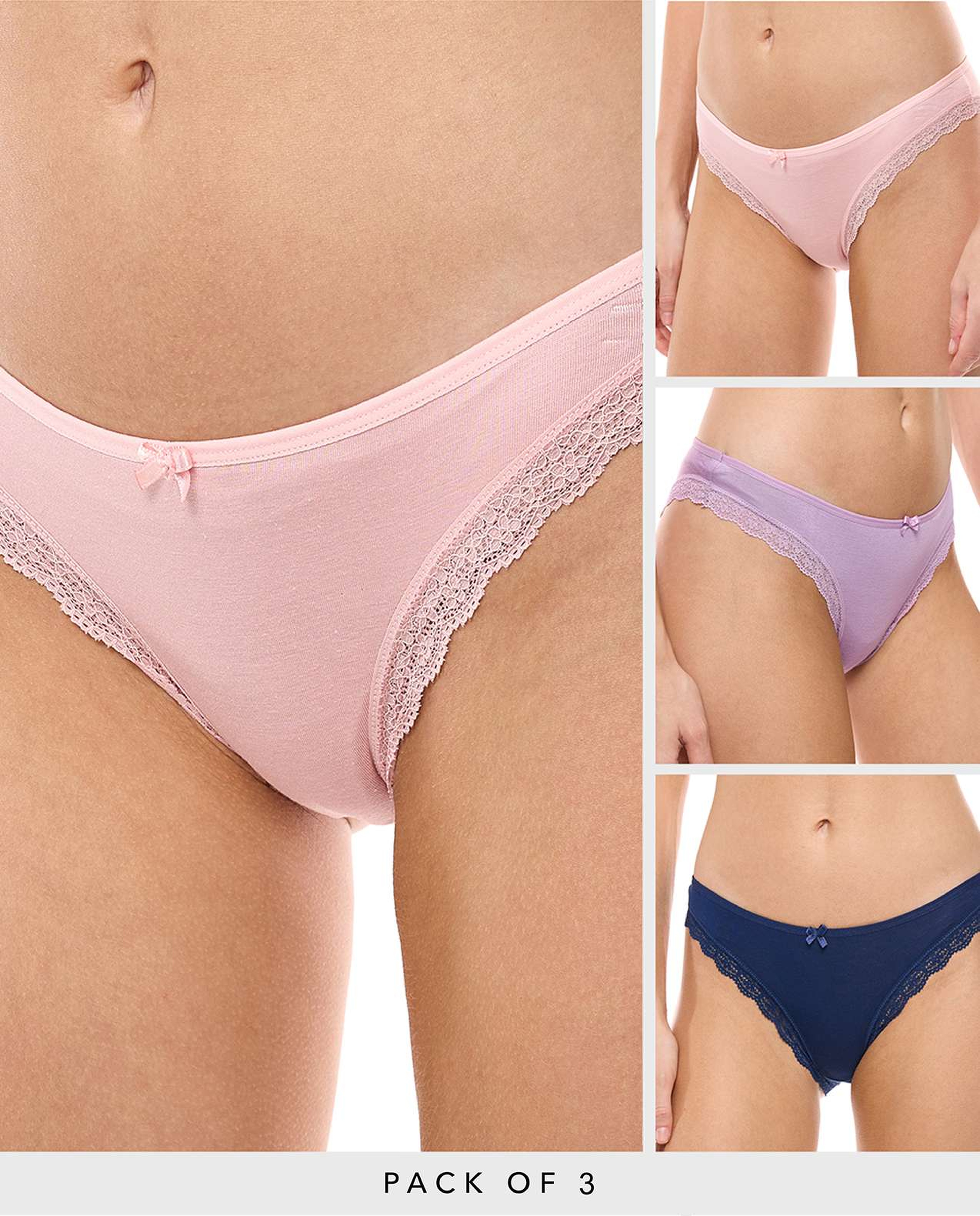 3 Pack Lace Trim Brazilian Briefs
