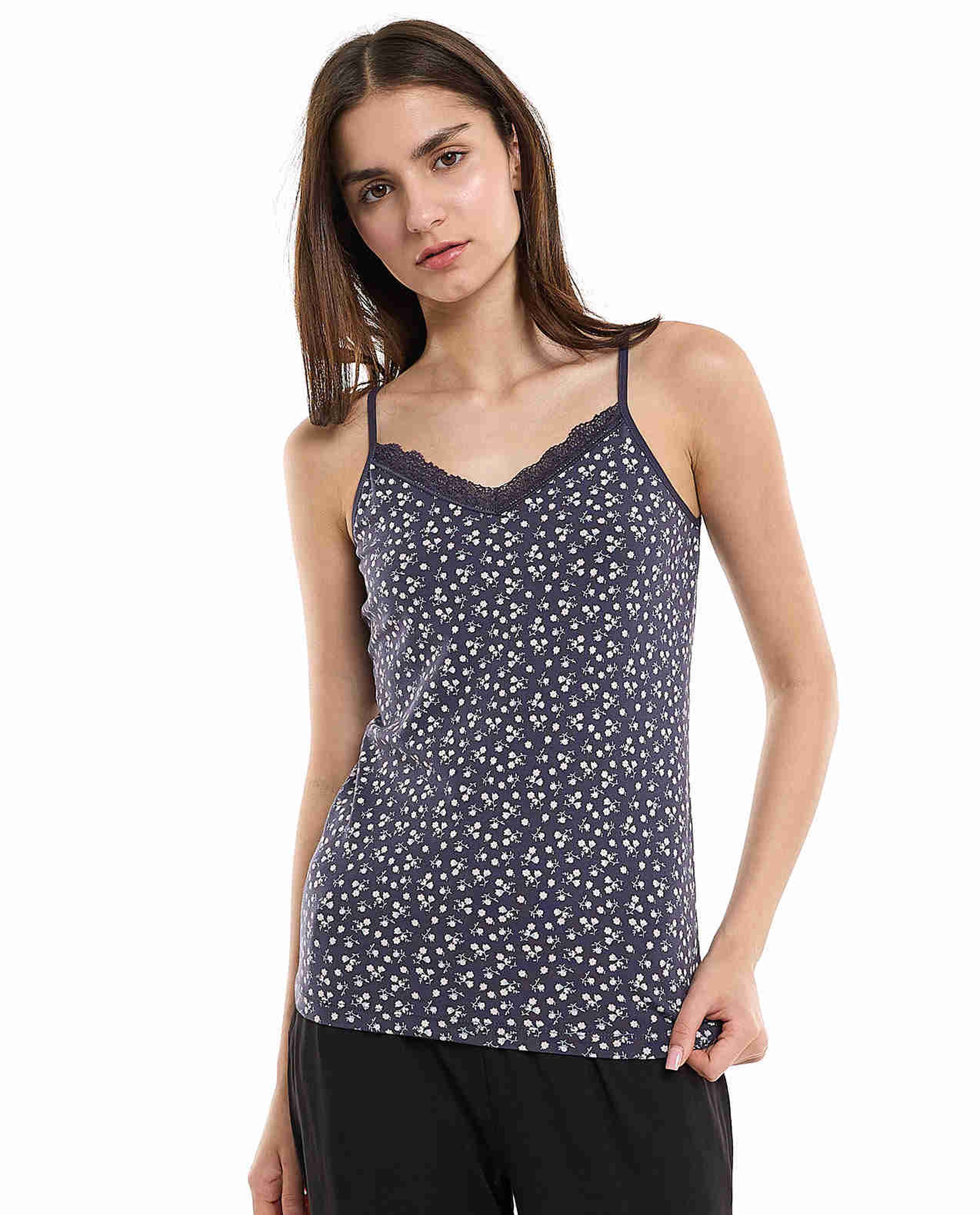 Printed Lace Trim Camisole with V-Neck