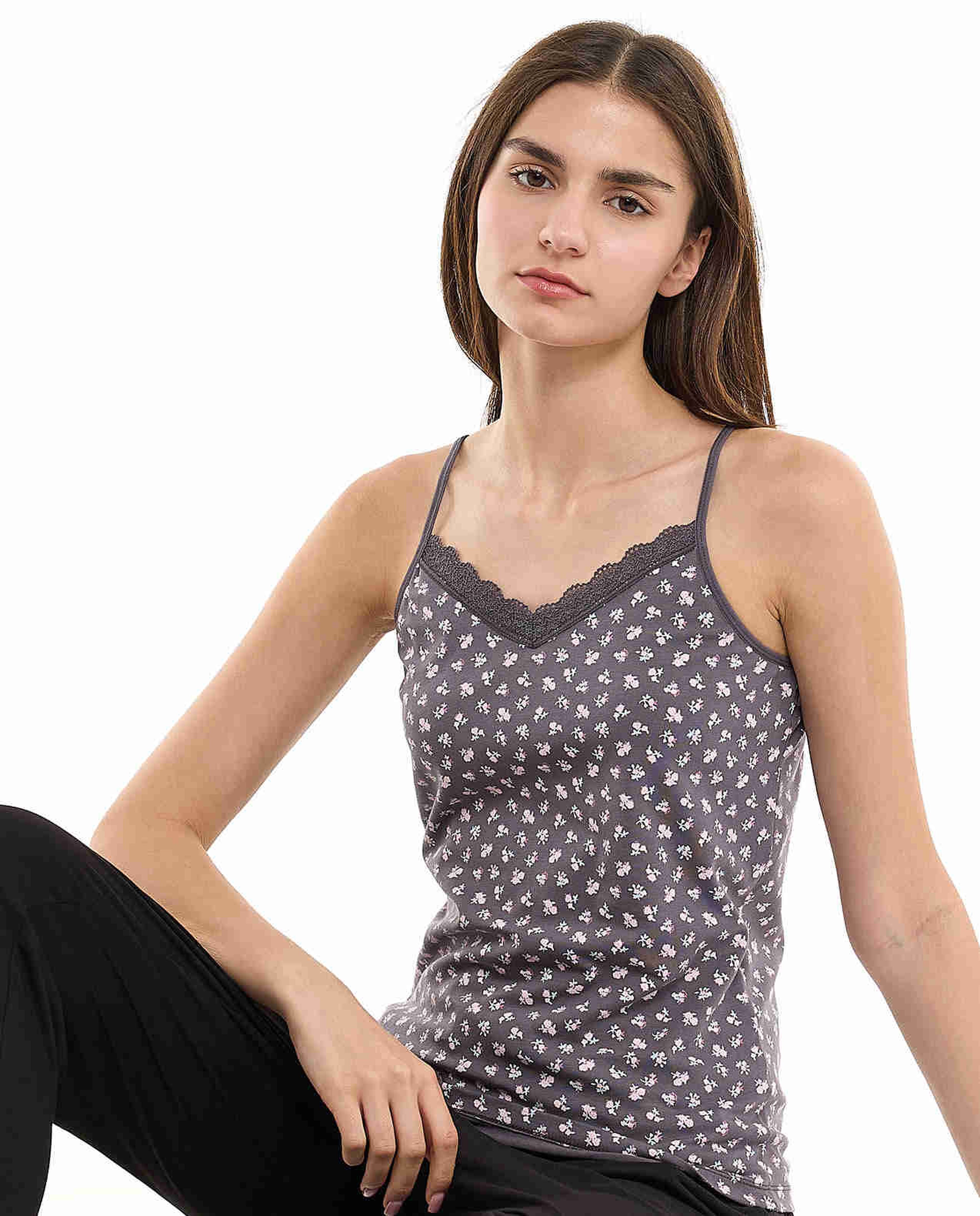 Printed Lace Trim Camisole with V-Neck