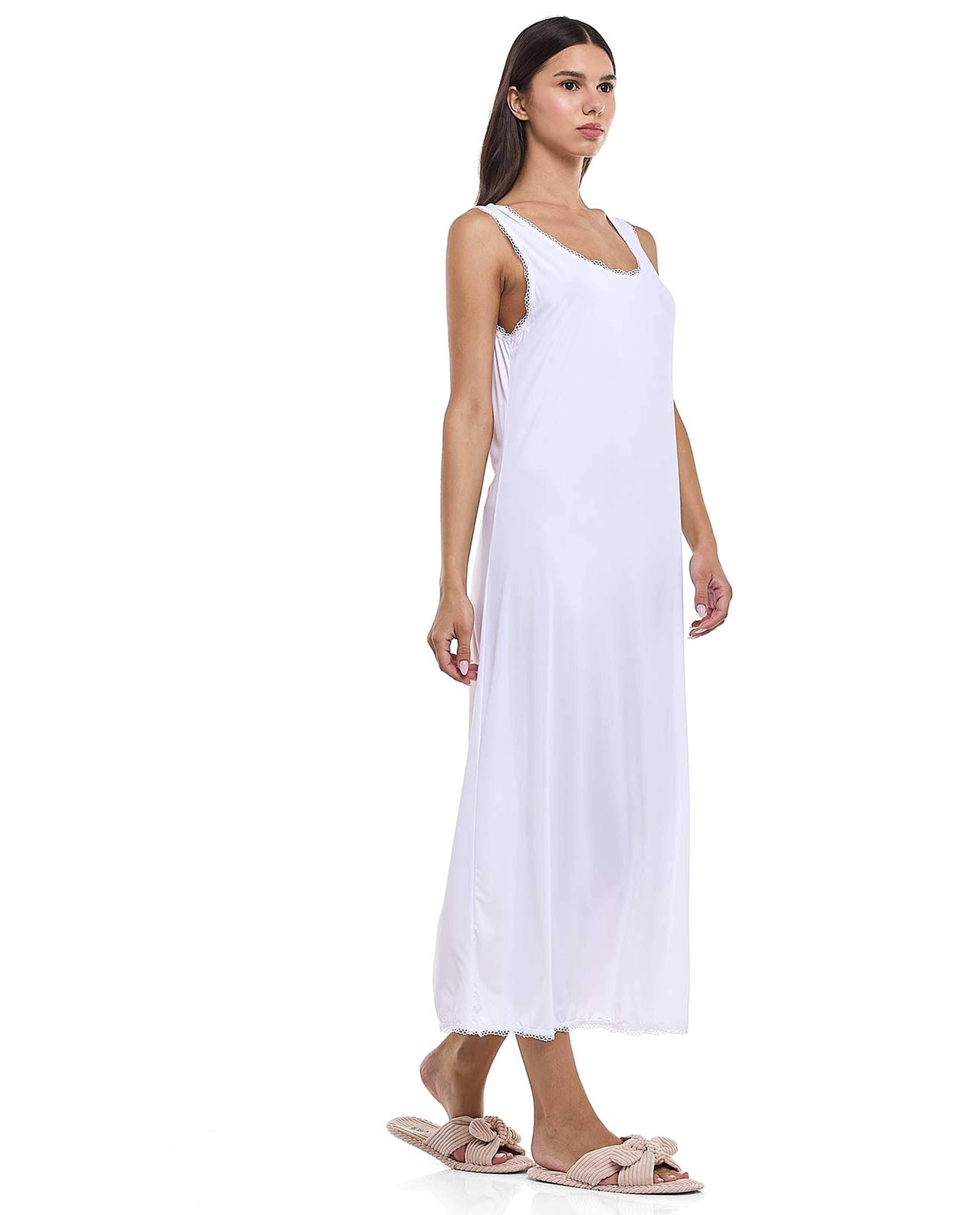 Lace Trim Sleeveless Nightgown with Scoop Neck