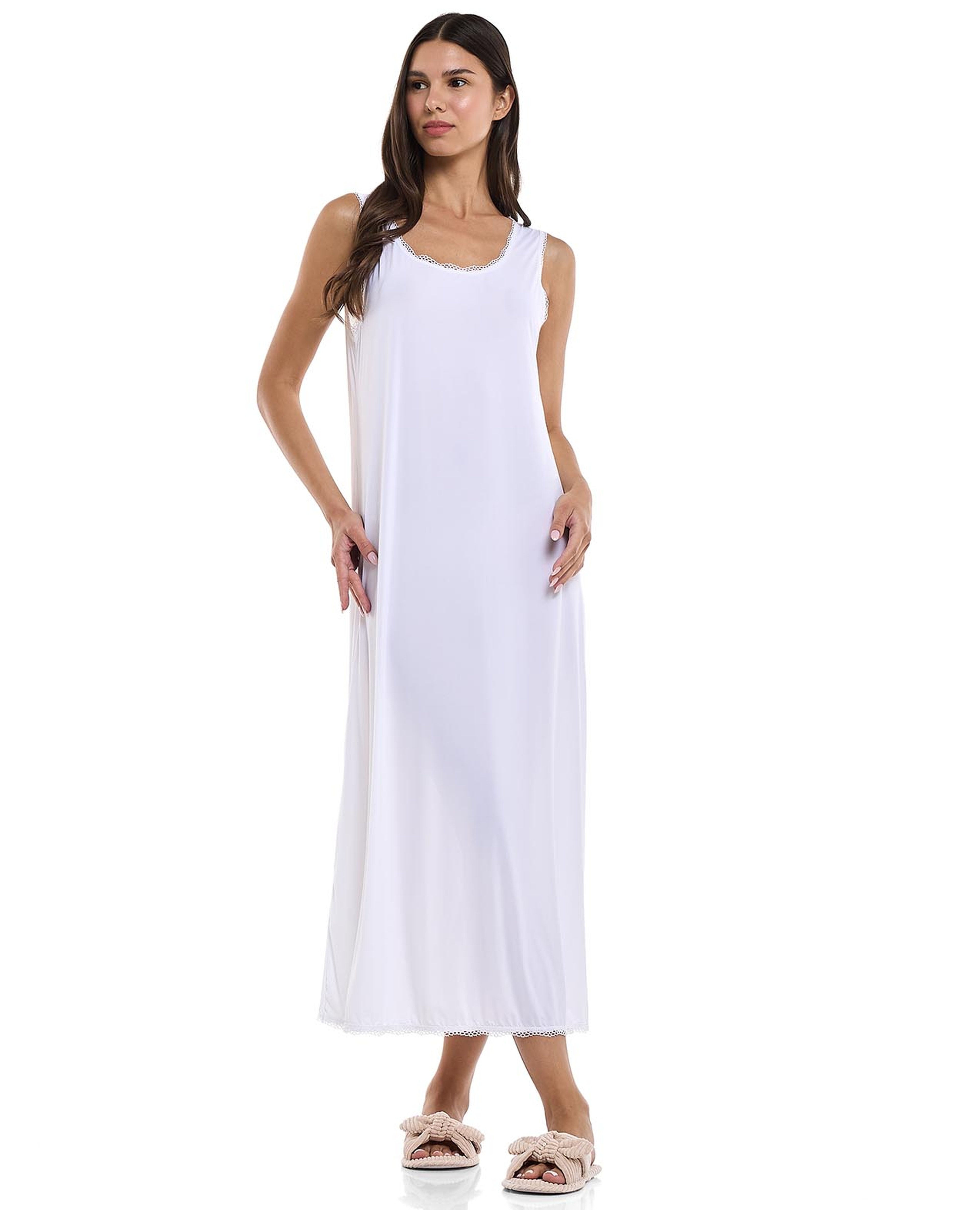 Lace Trim Sleeveless Nightgown with Scoop Neck