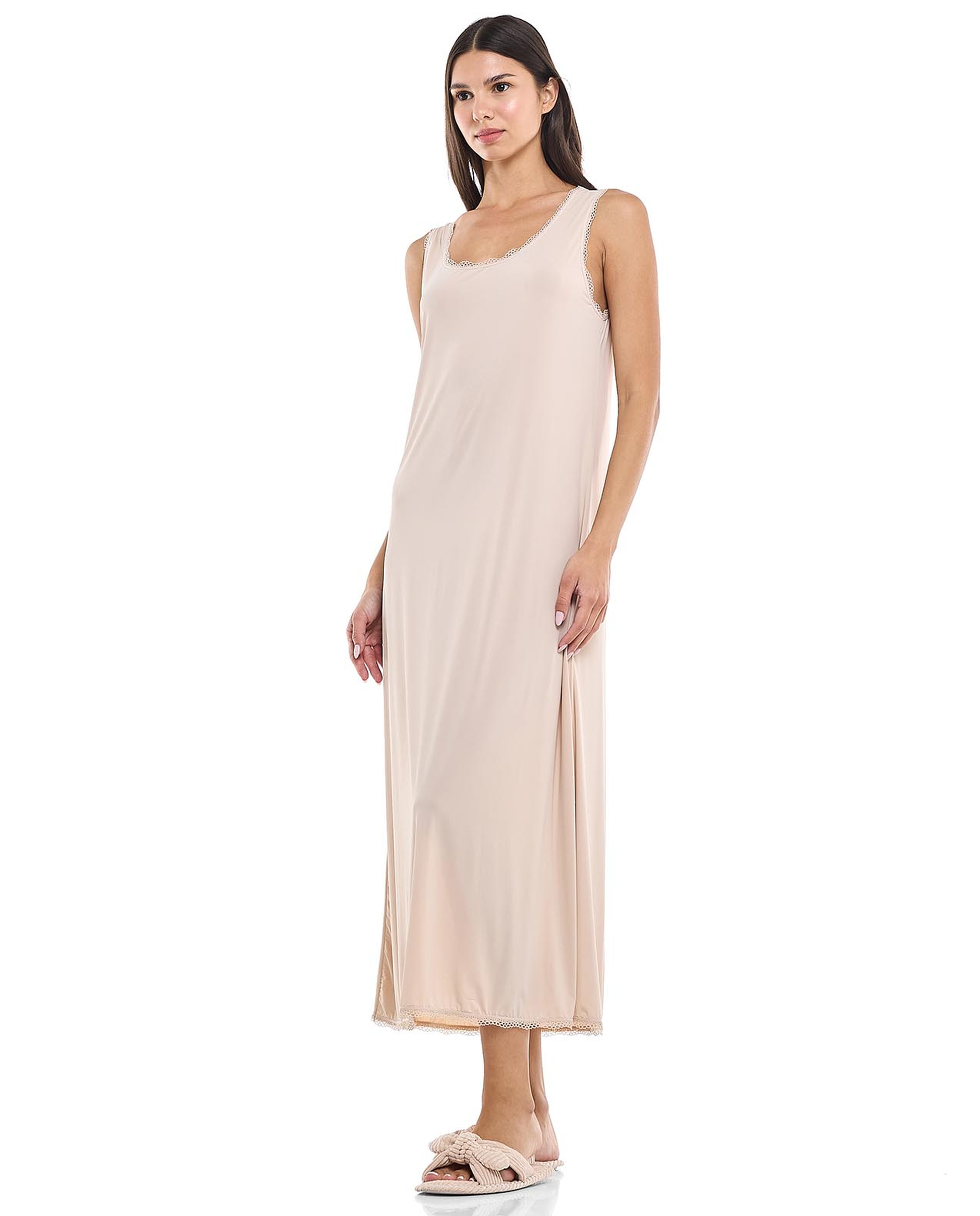 Lace Trim Sleeveless Nightgown with Scoop Neck