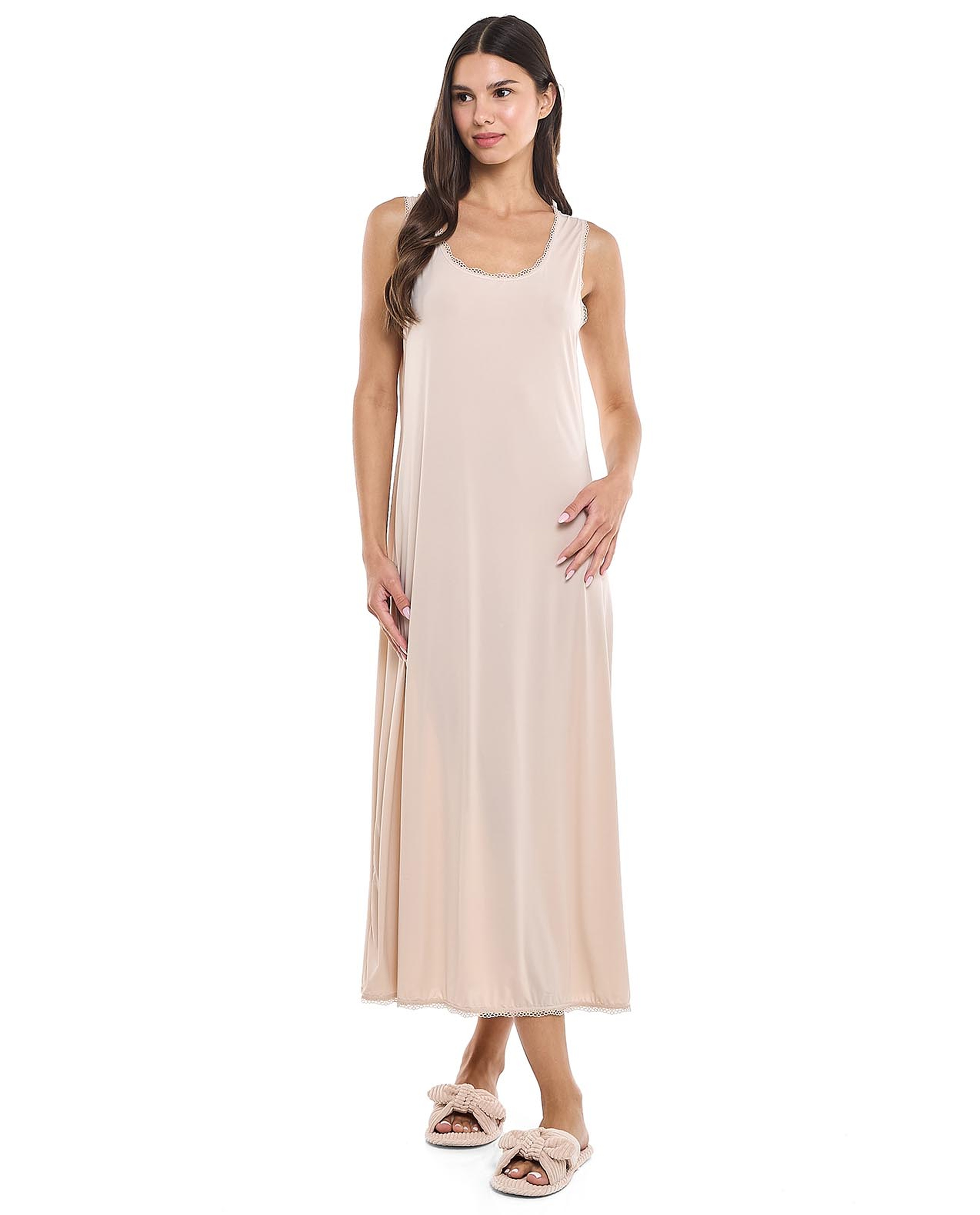 Lace Trim Sleeveless Nightgown with Scoop Neck