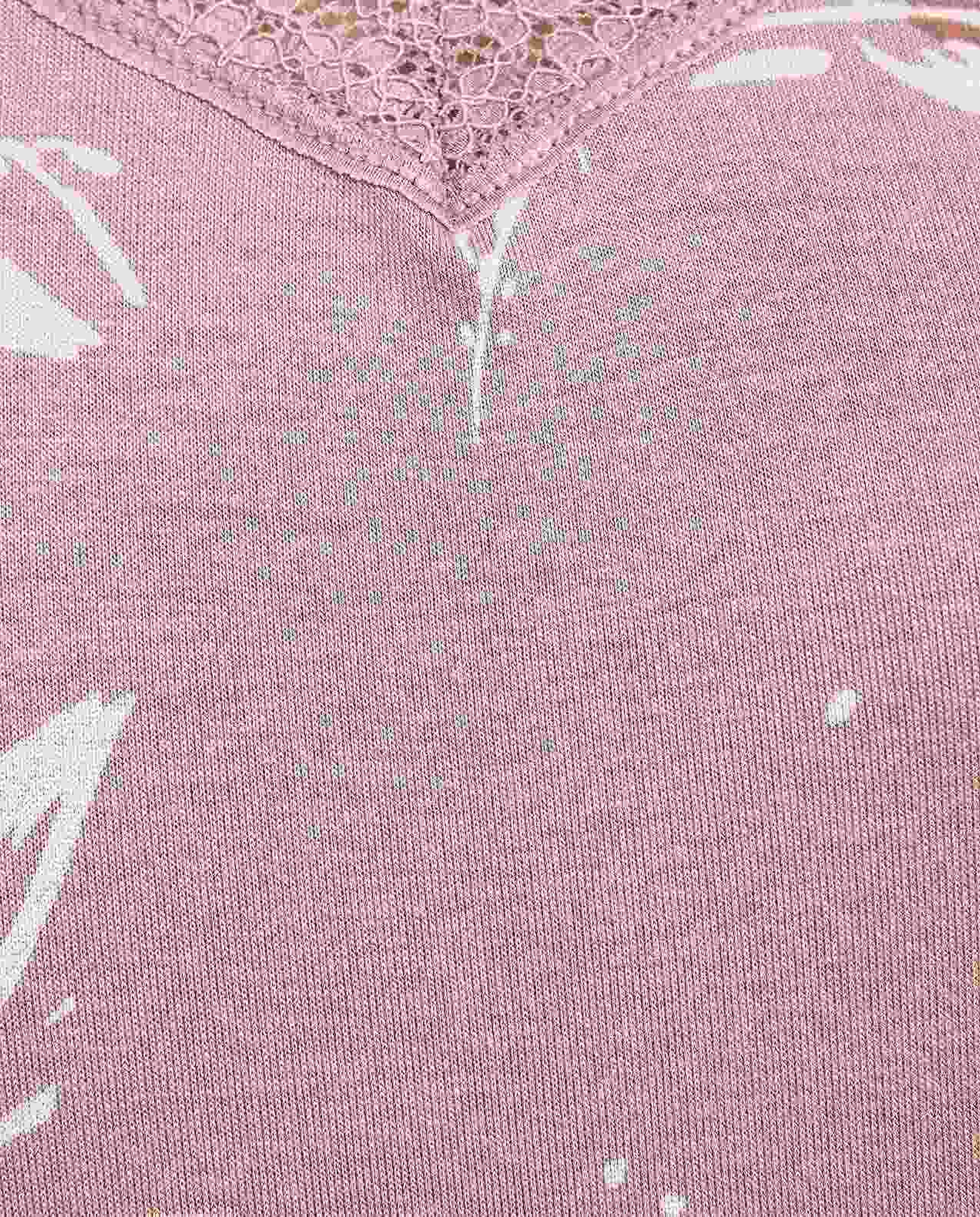 Patterned Nightdress with V-Neck and Short Sleeves