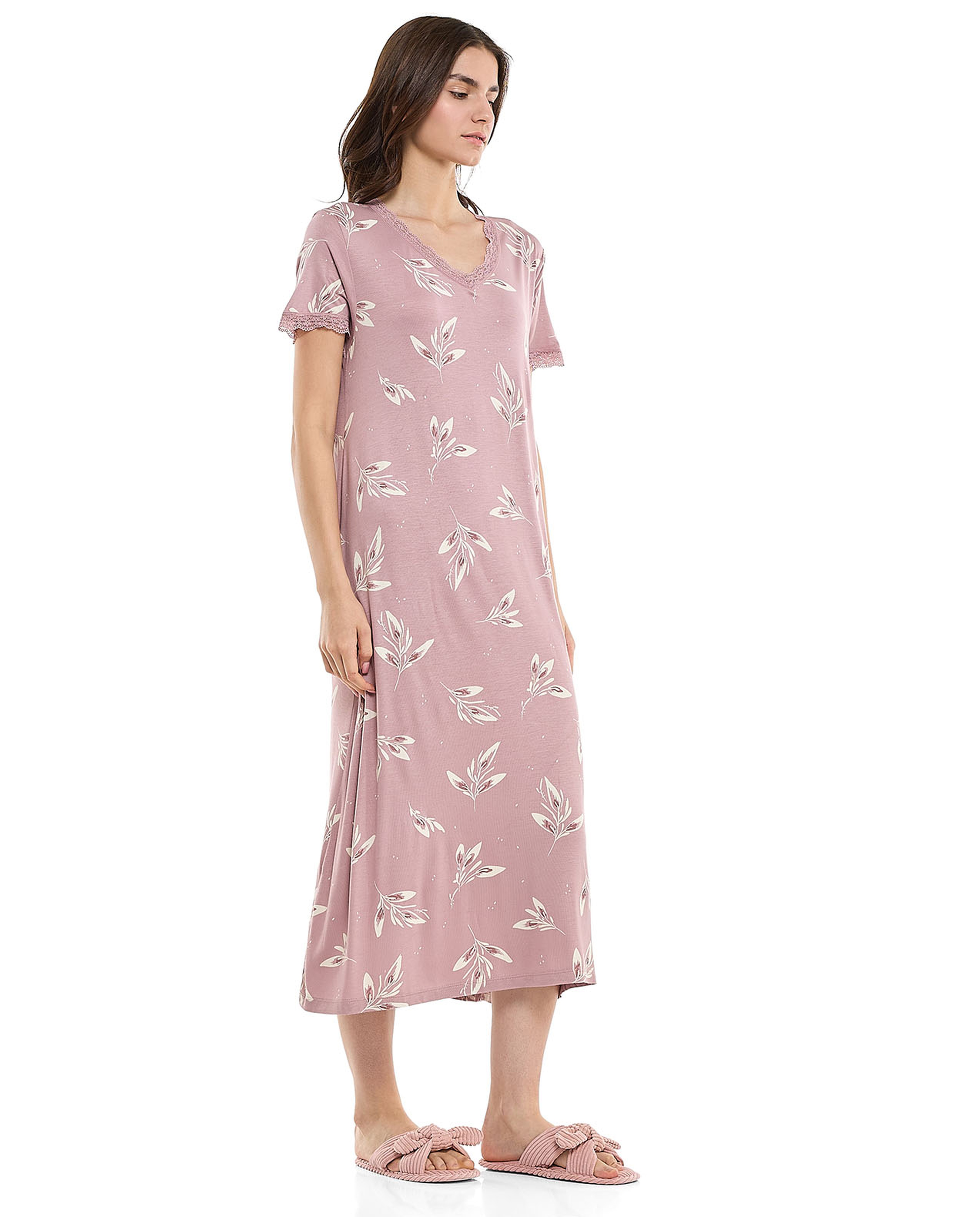 Patterned Nightdress with V-Neck and Short Sleeves