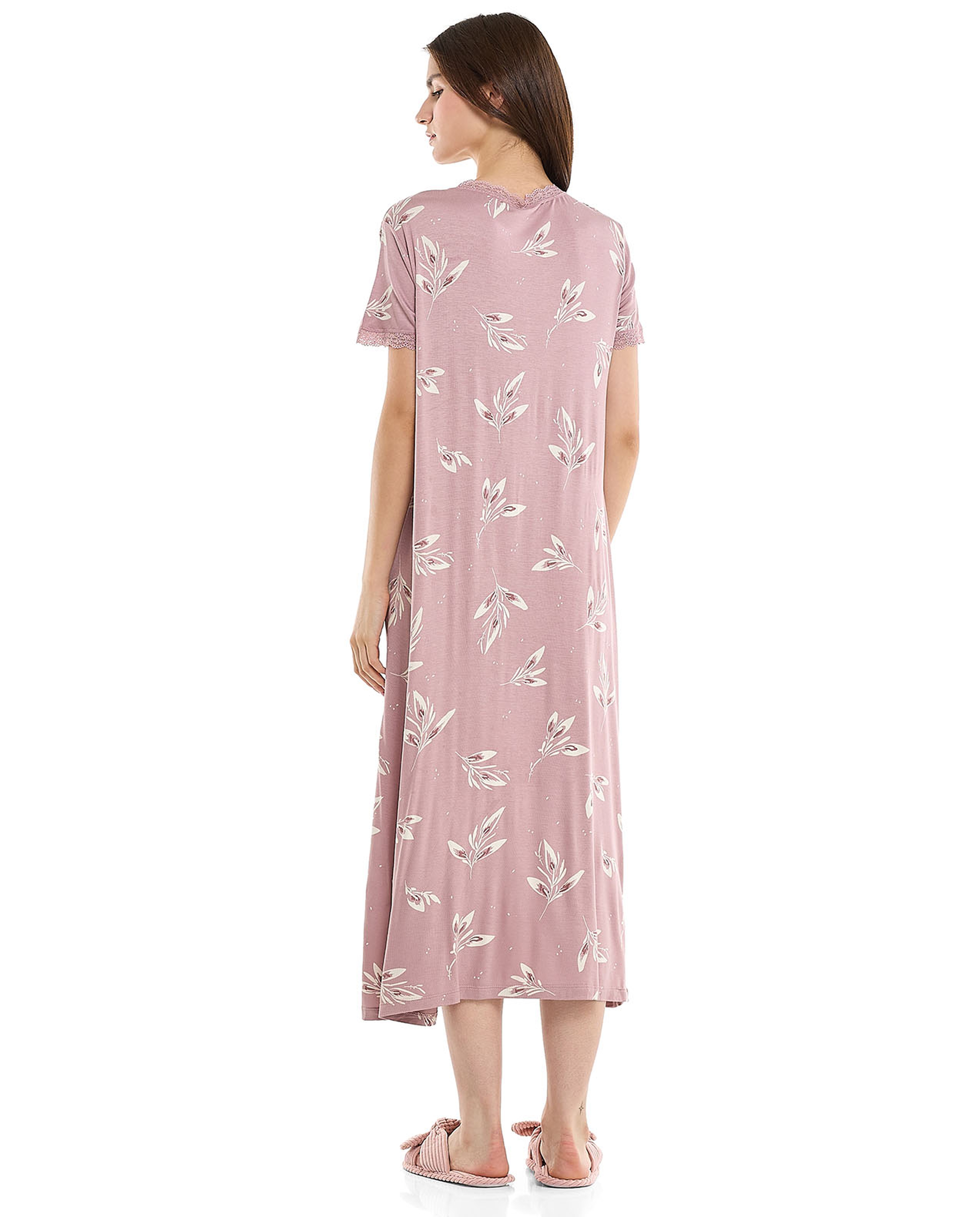 Patterned Nightdress with V-Neck and Short Sleeves