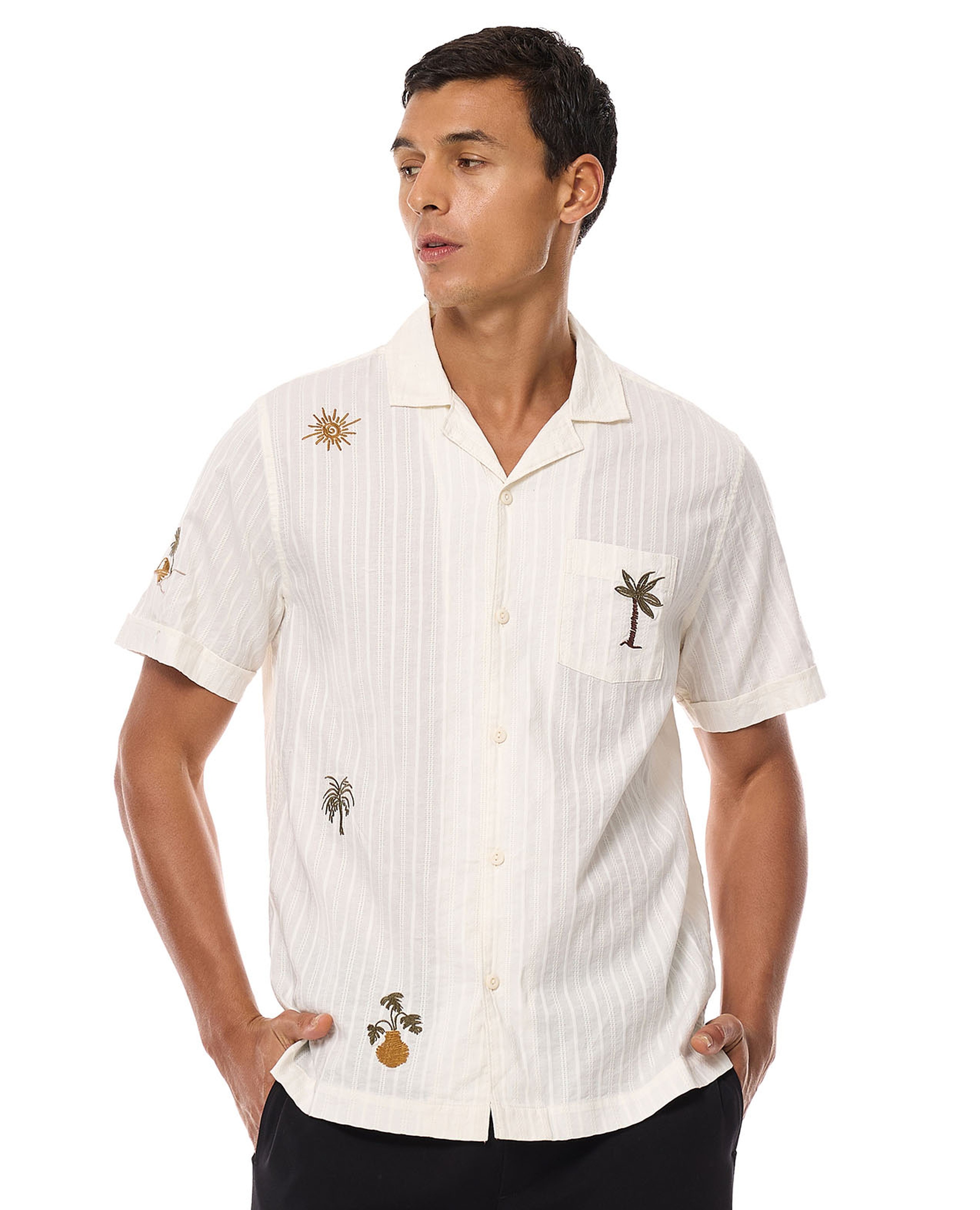 Embroidered Shirt with Revere Collar and Short Sleeves