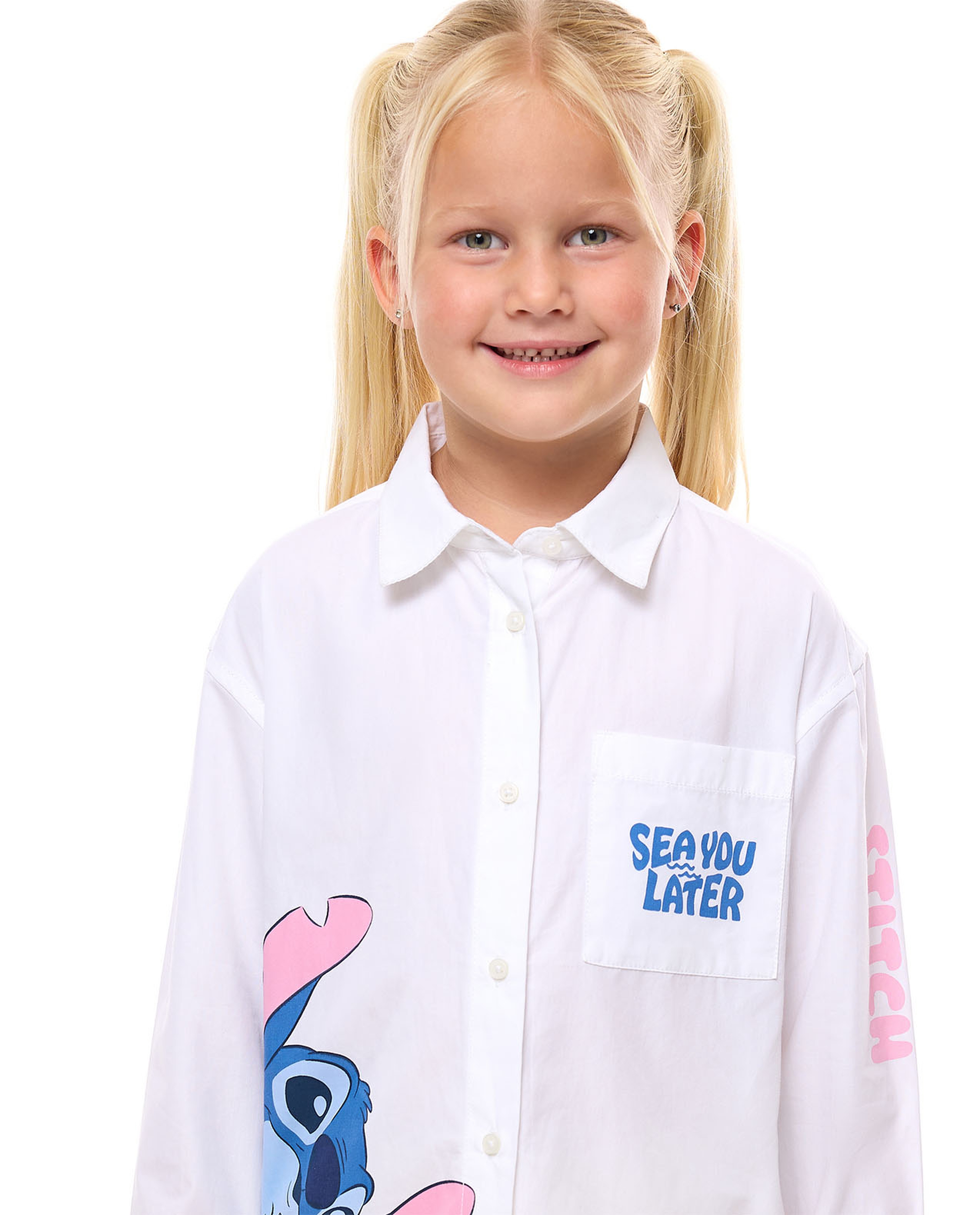 Stitch Printed Shirt with Classic Collar and Long Sleeves