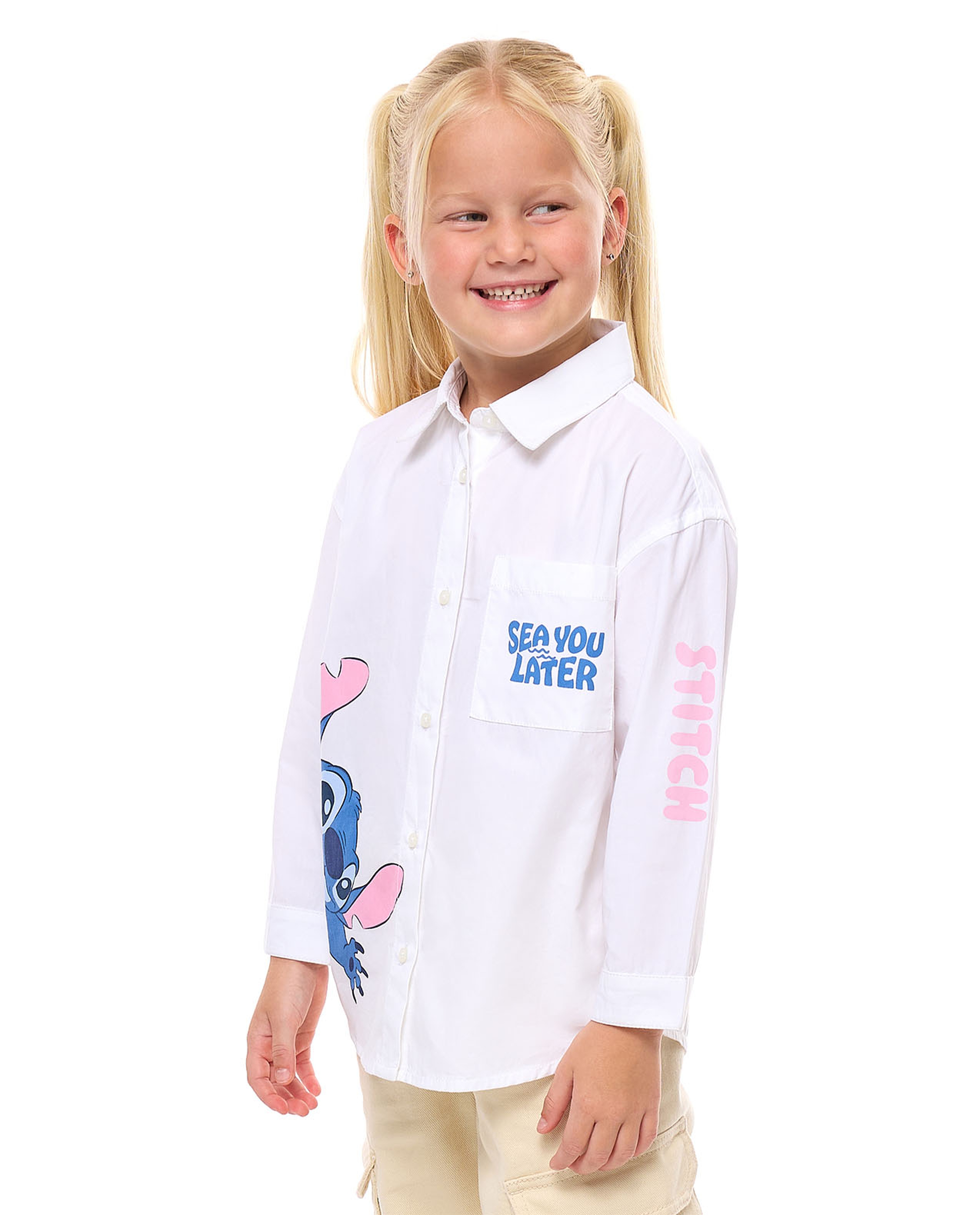 Stitch Printed Shirt with Classic Collar and Long Sleeves