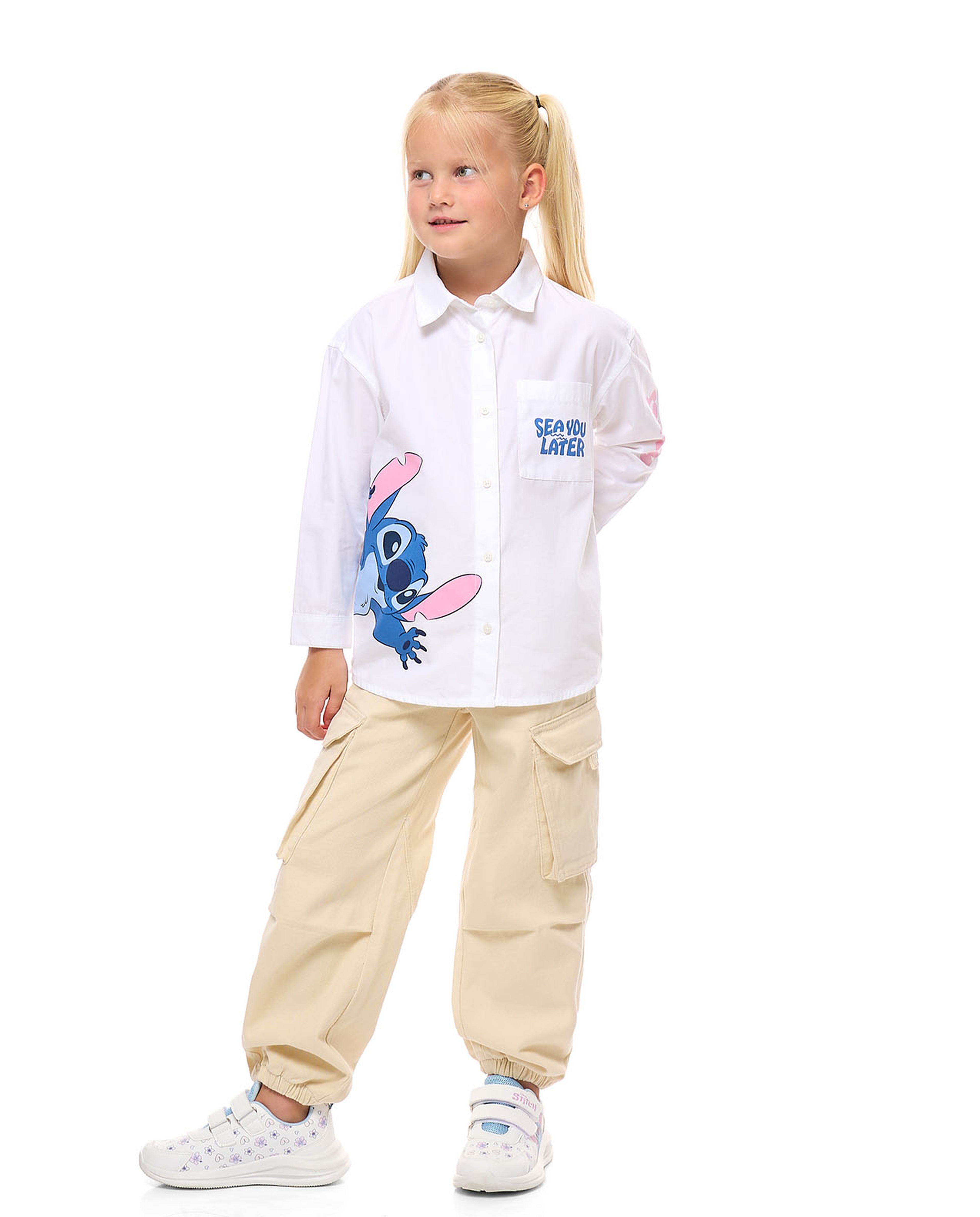 Stitch Printed Shirt with Classic Collar and Long Sleeves