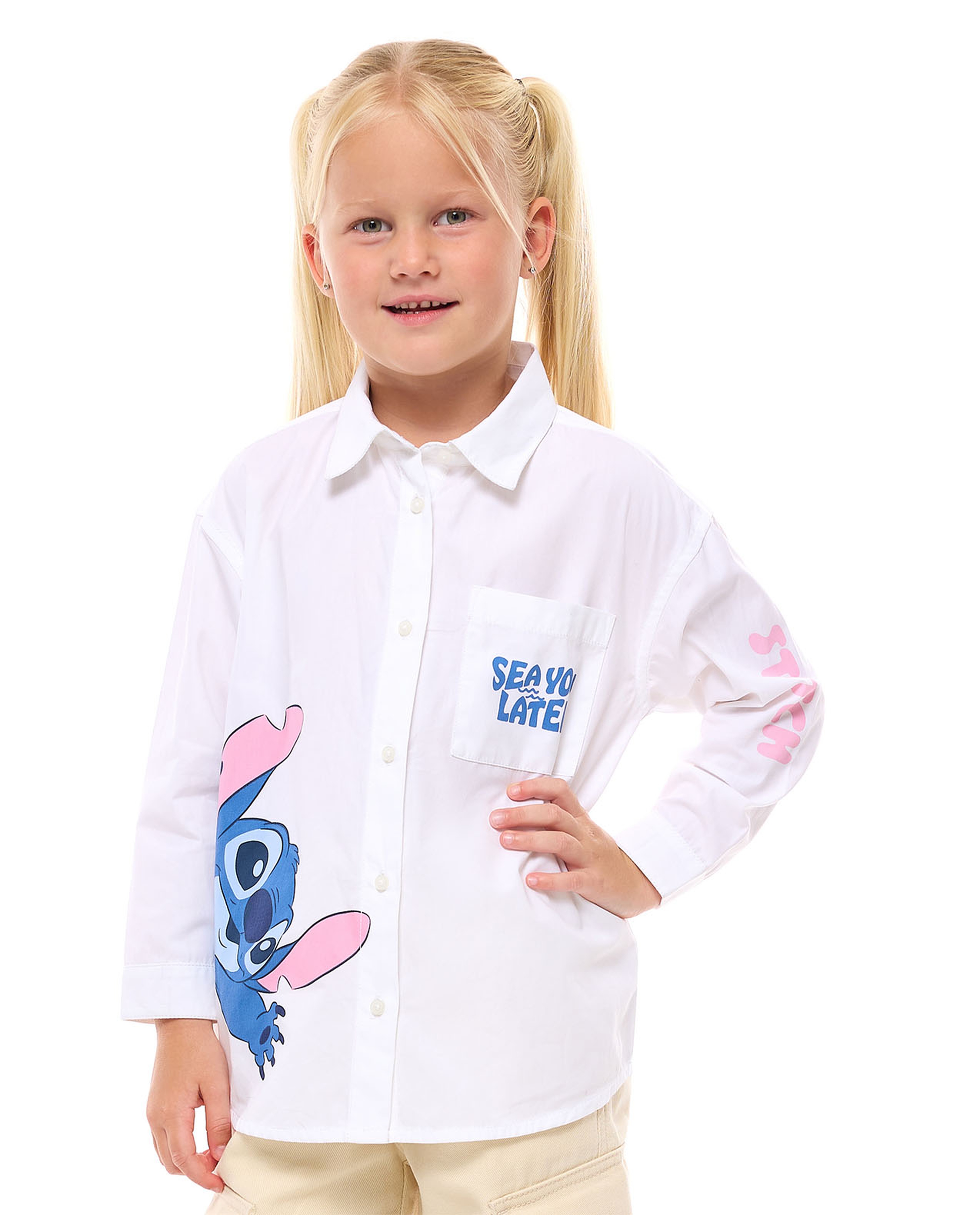 Stitch Printed Shirt with Classic Collar and Long Sleeves