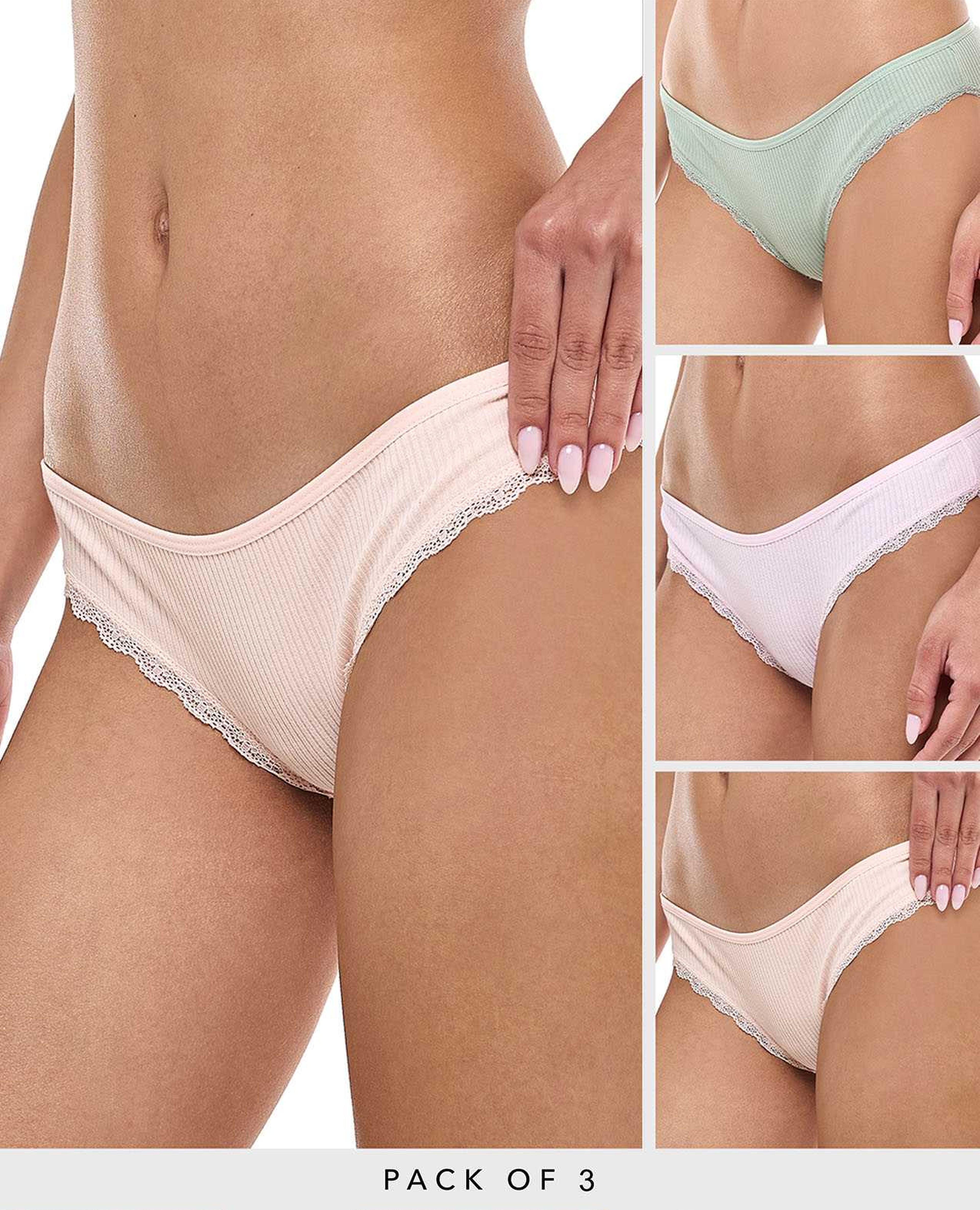 طقم سروال داخلي بيكيني مزين بدانتيل - 3 قطع