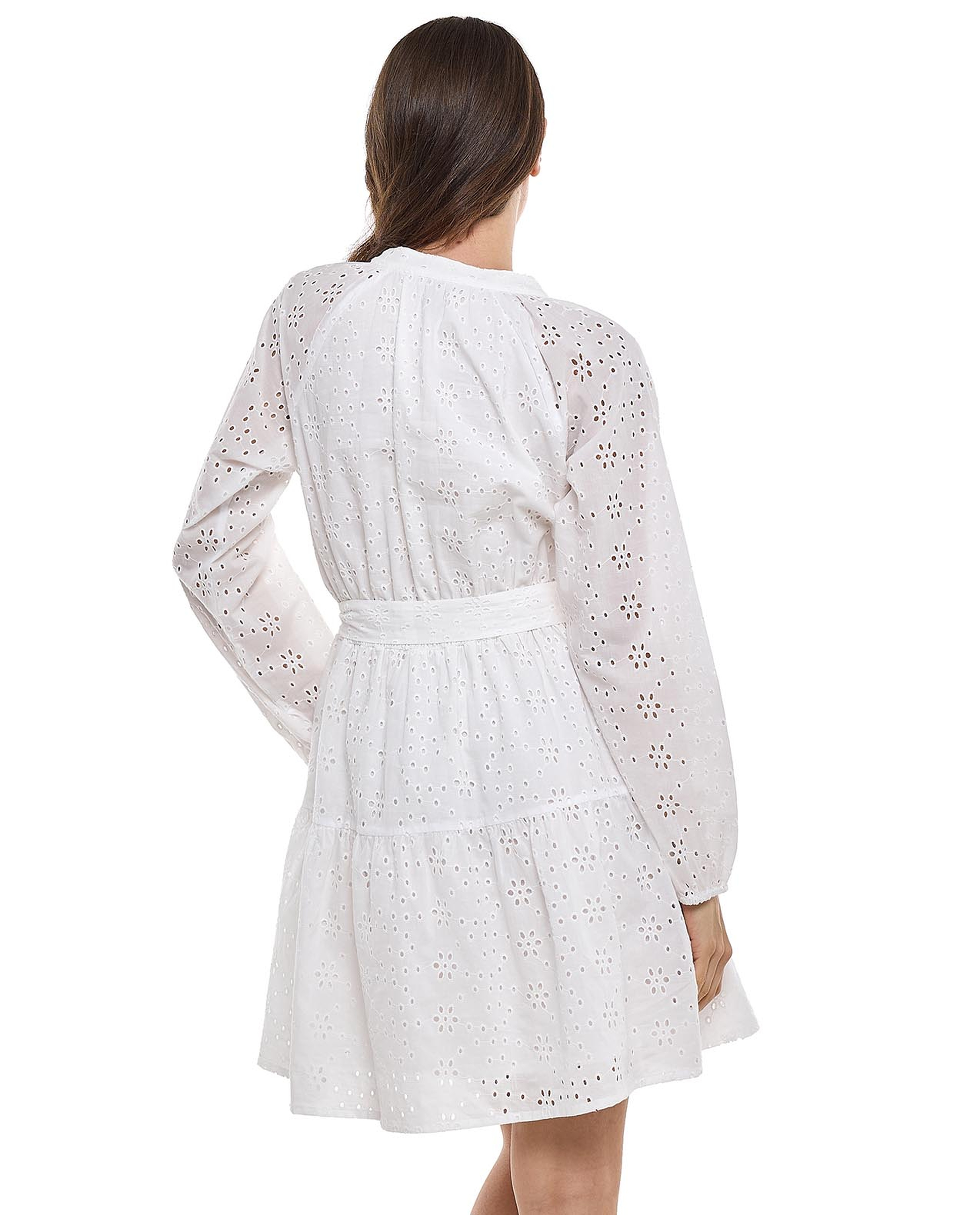 Schiffli Mini Dress with V-Neck and Long Sleeves