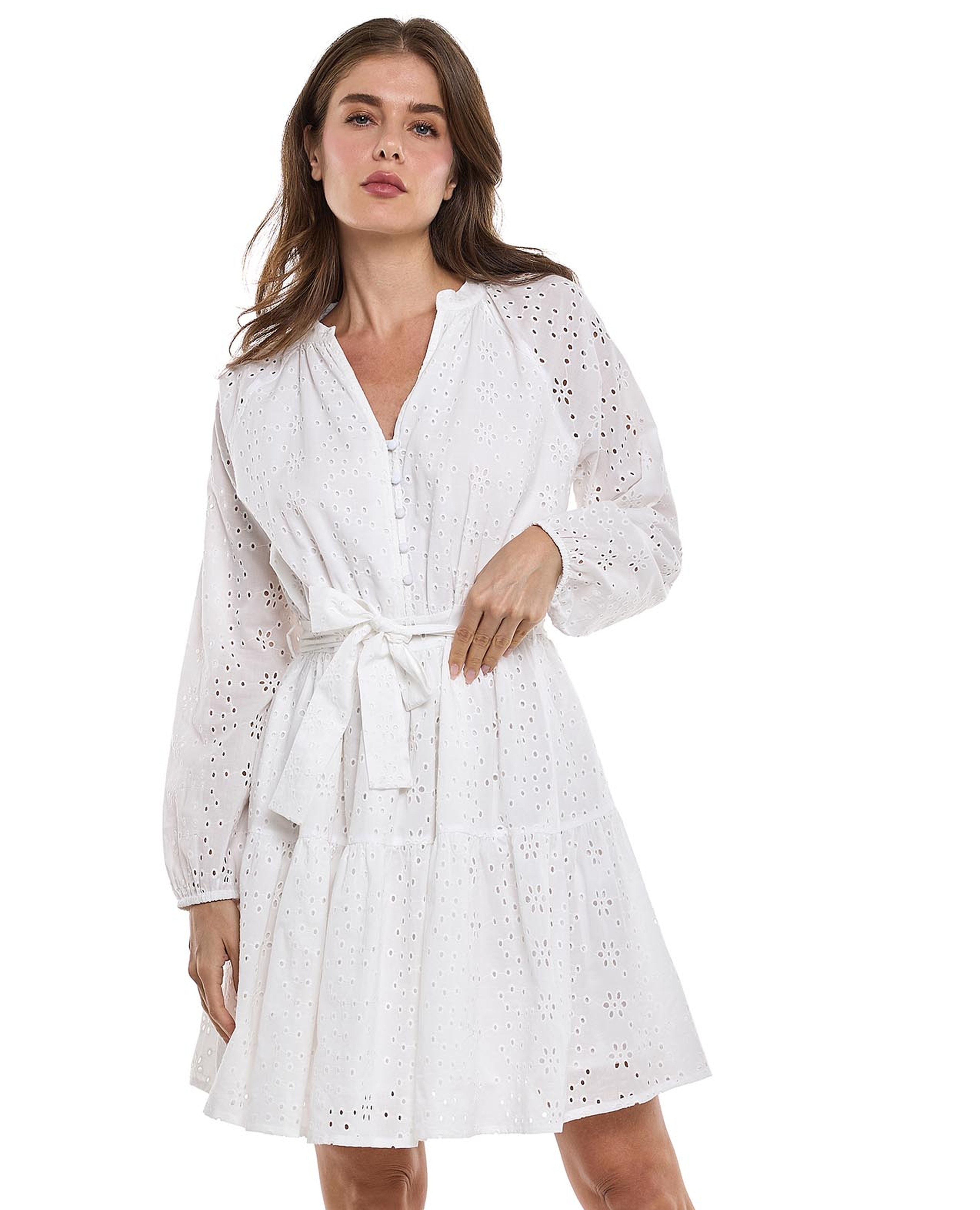 فستان ميني شيفلي بياقة V وأكمام طويلة