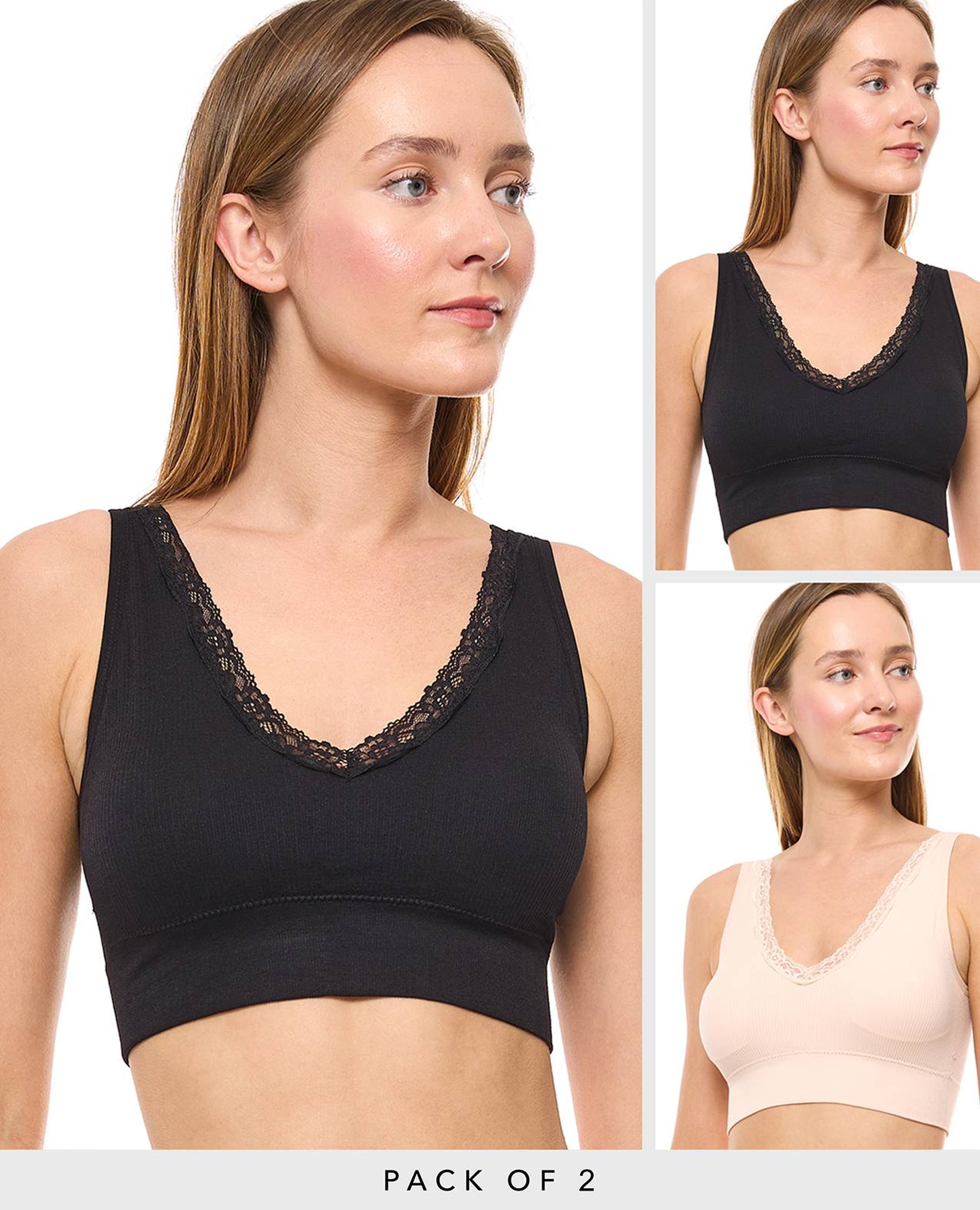 طقم حمالة صدر بدون سلك بحافة دانتيل - قطعتين