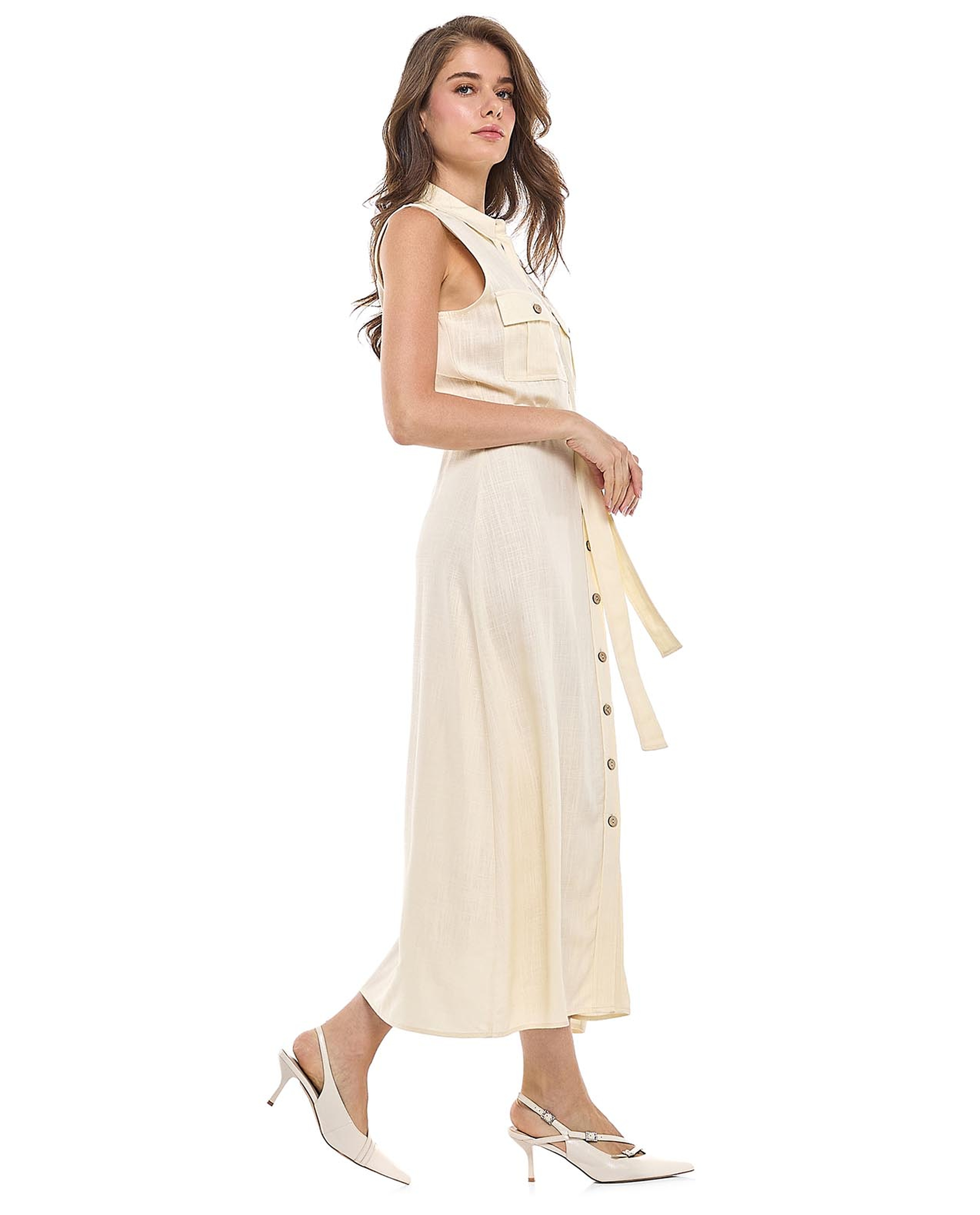 Pocket Detail Sleeveless Shirt Dress with Classic Collar