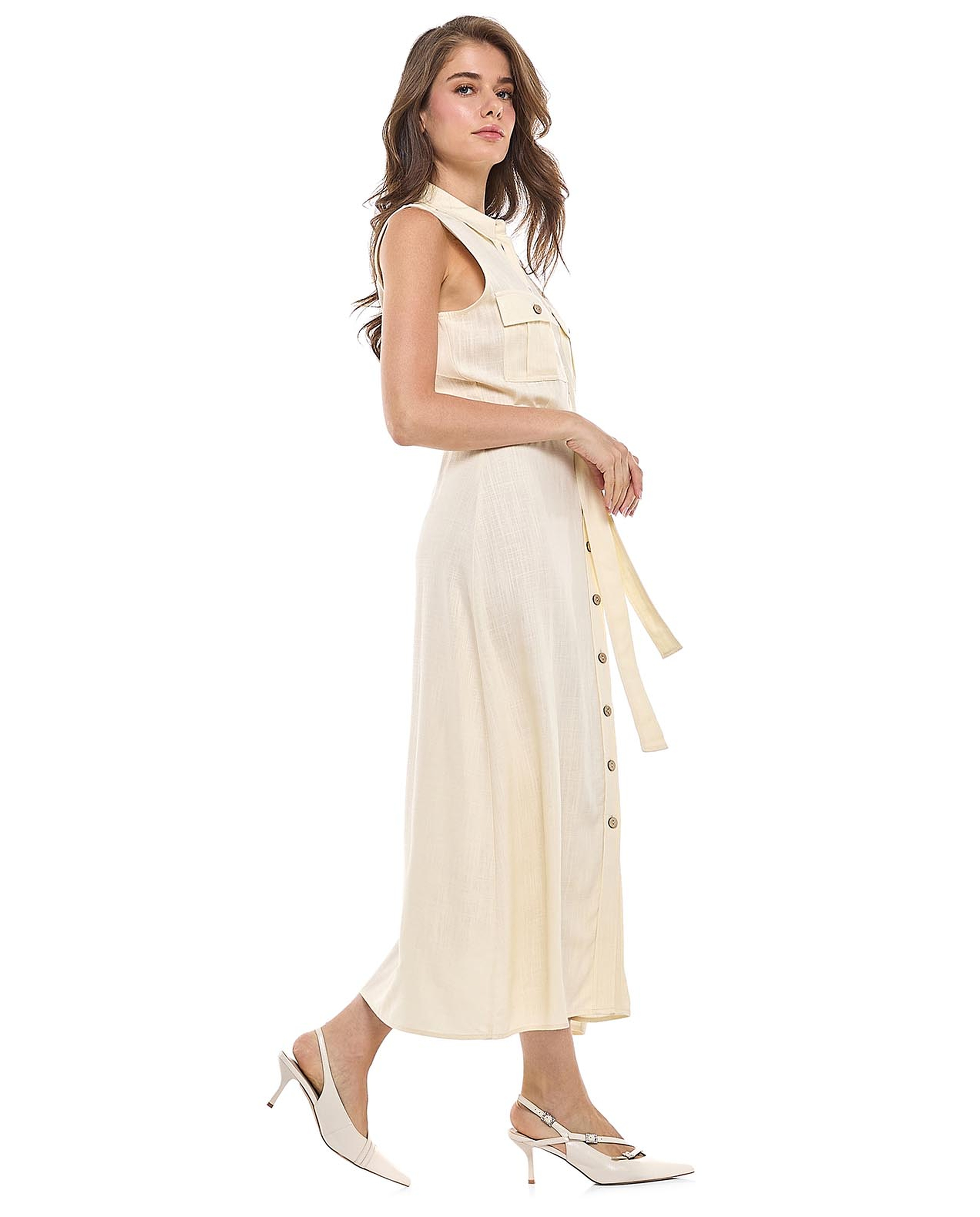 Pocket Detail Sleeveless Shirt Dress with Classic Collar