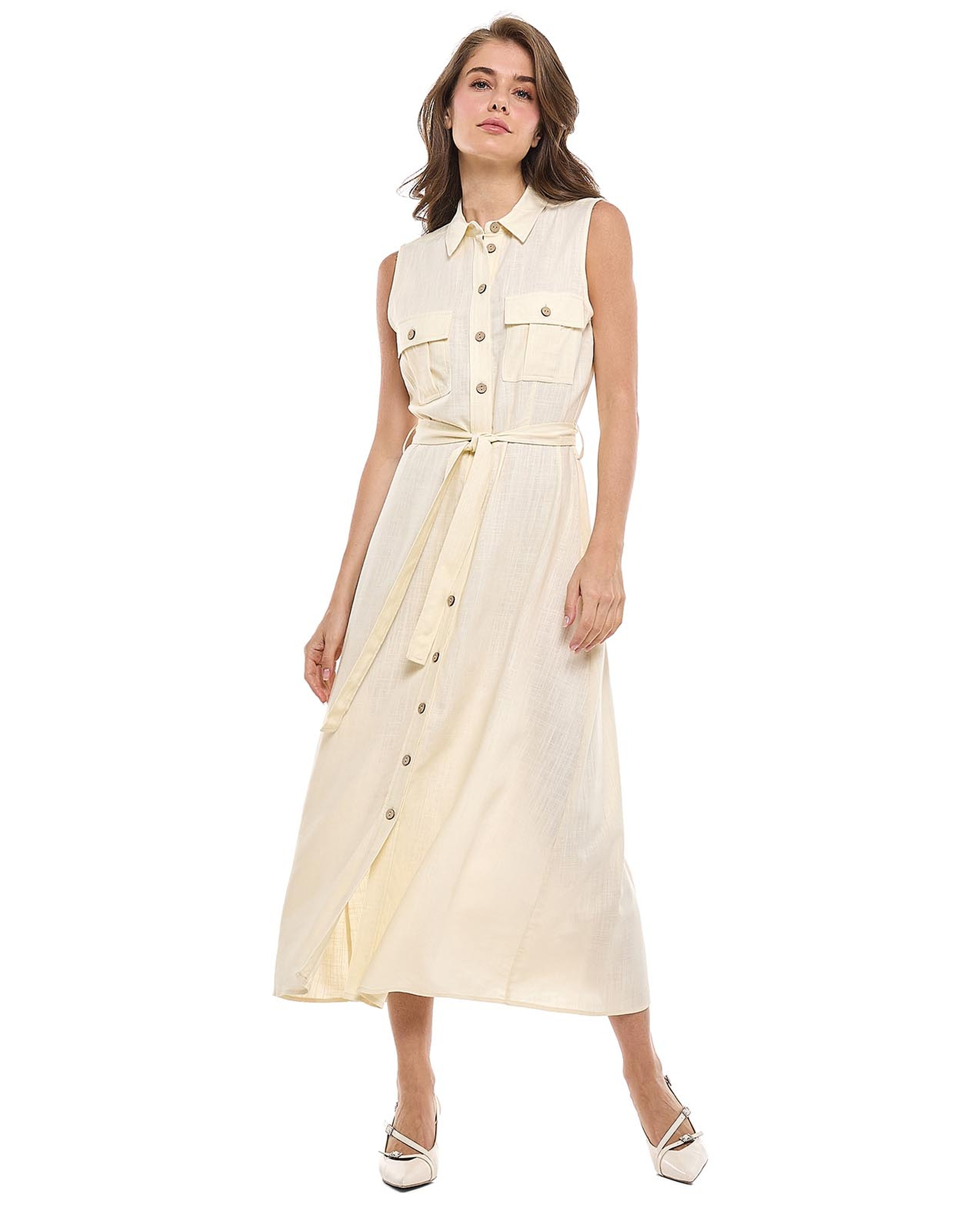 Pocket Detail Sleeveless Shirt Dress with Classic Collar
