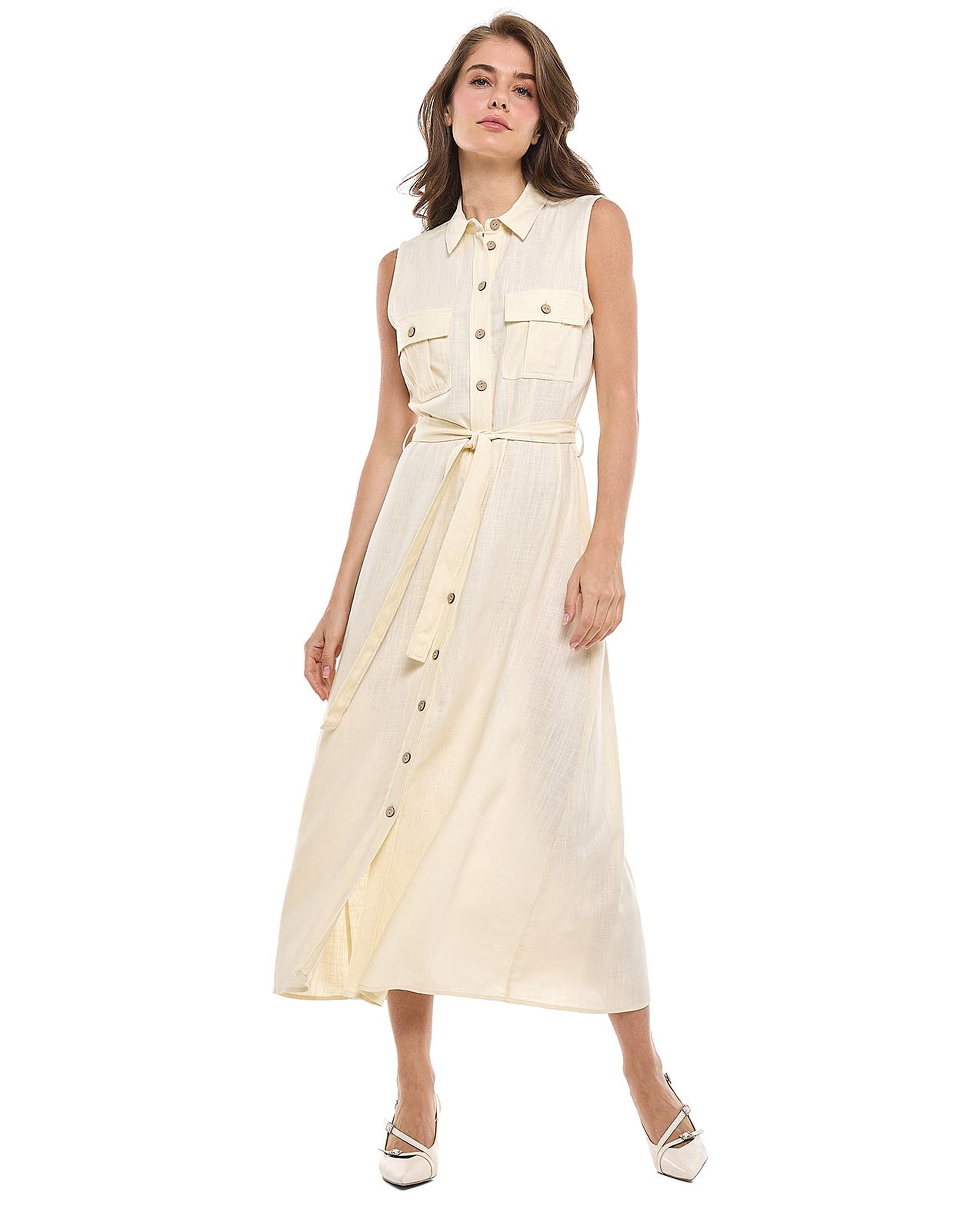 فستان قميص بدون أكمام بجيوب وياقة كلاسيكية