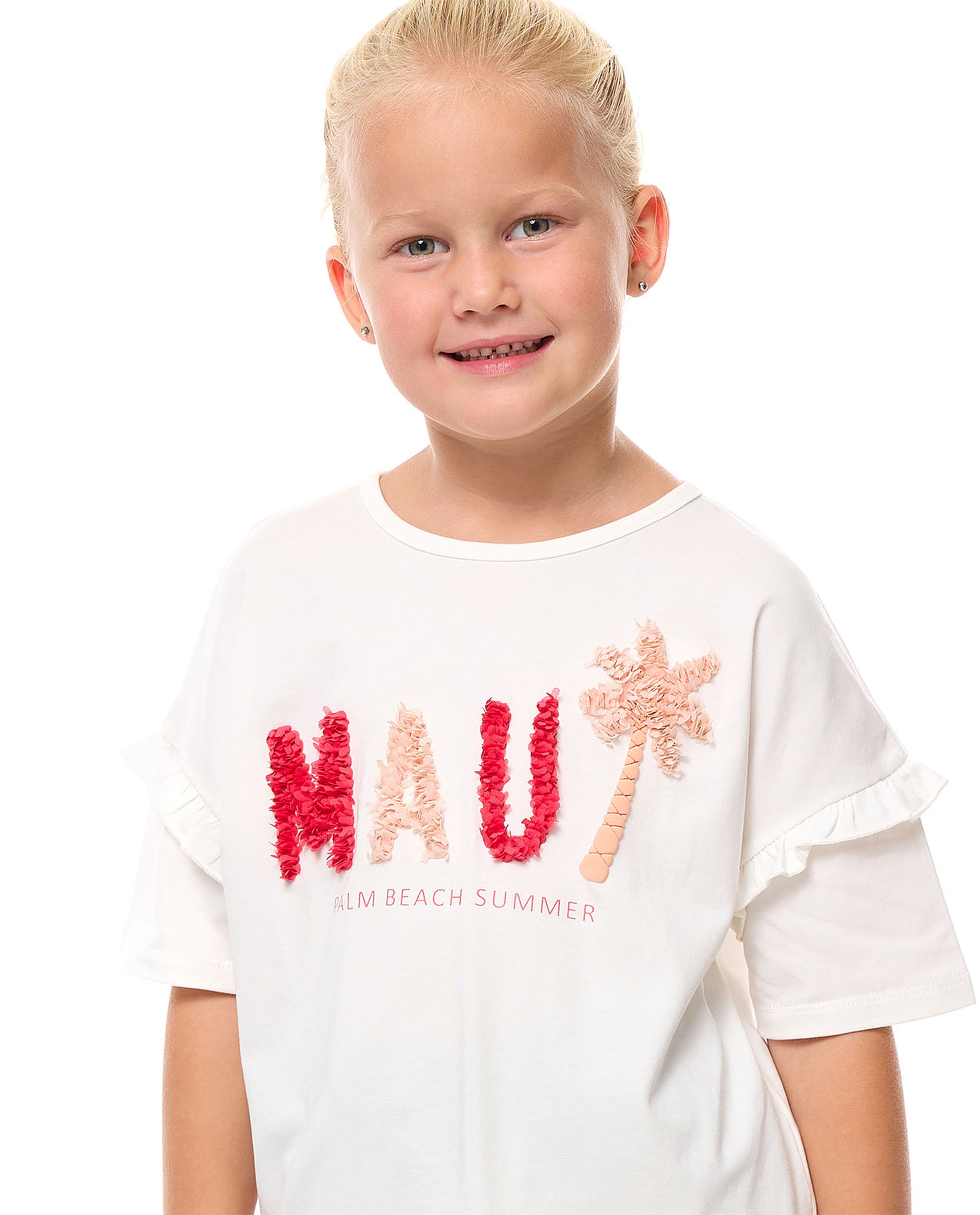 Appliqued Top with Crew Neck and Short Sleeves