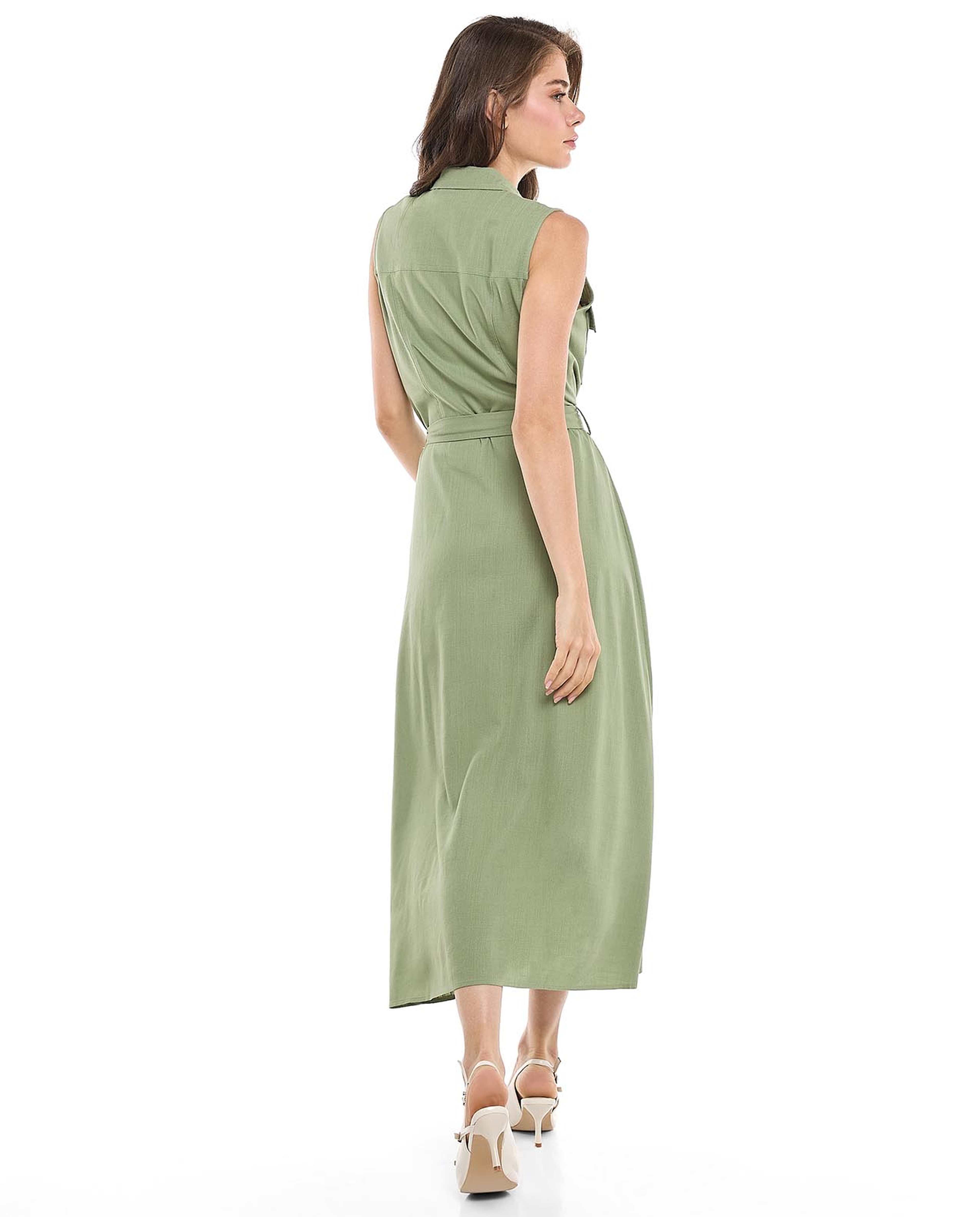 Pocket Detail Sleeveless Shirt Dress with Classic Collar