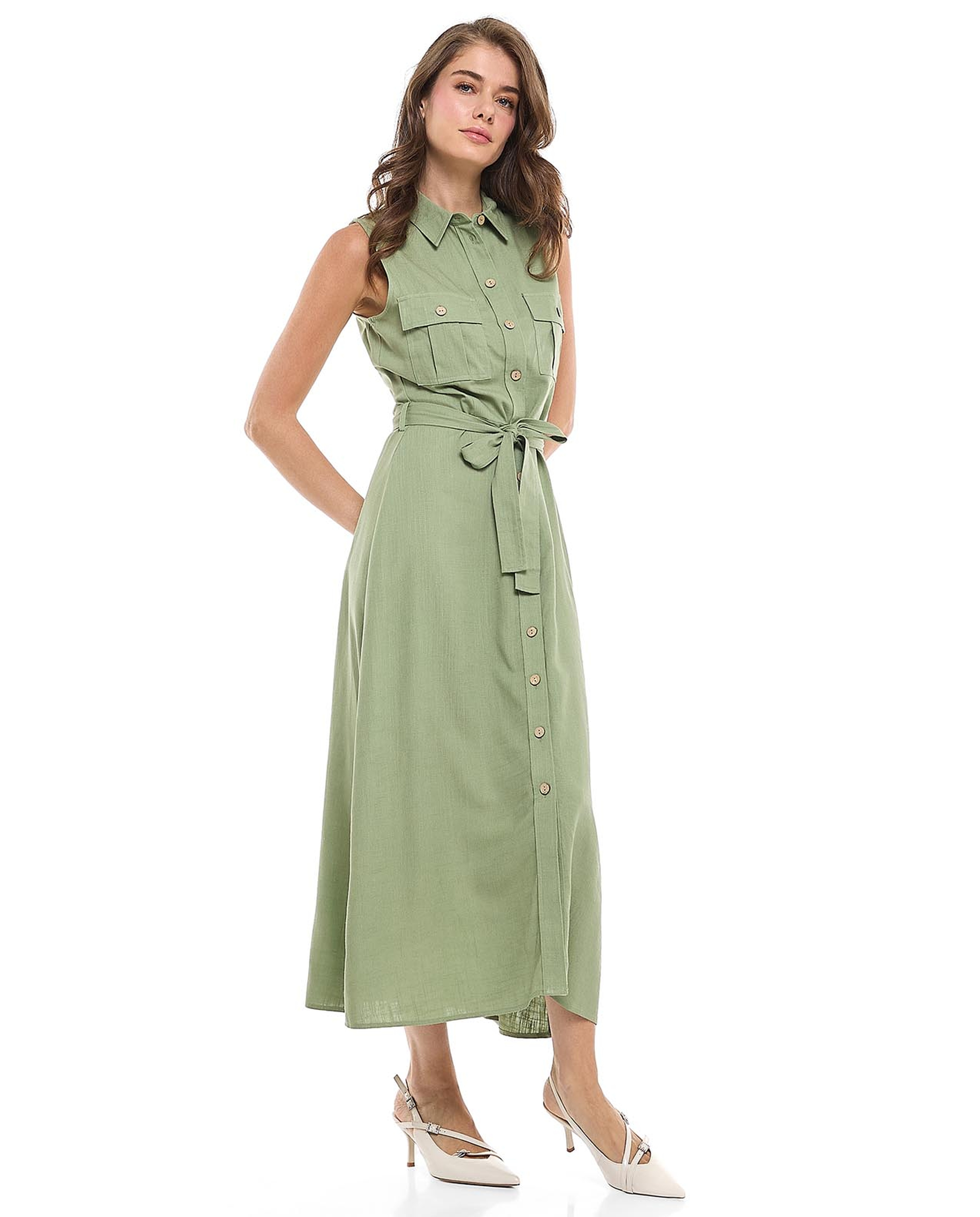 Pocket Detail Sleeveless Shirt Dress with Classic Collar