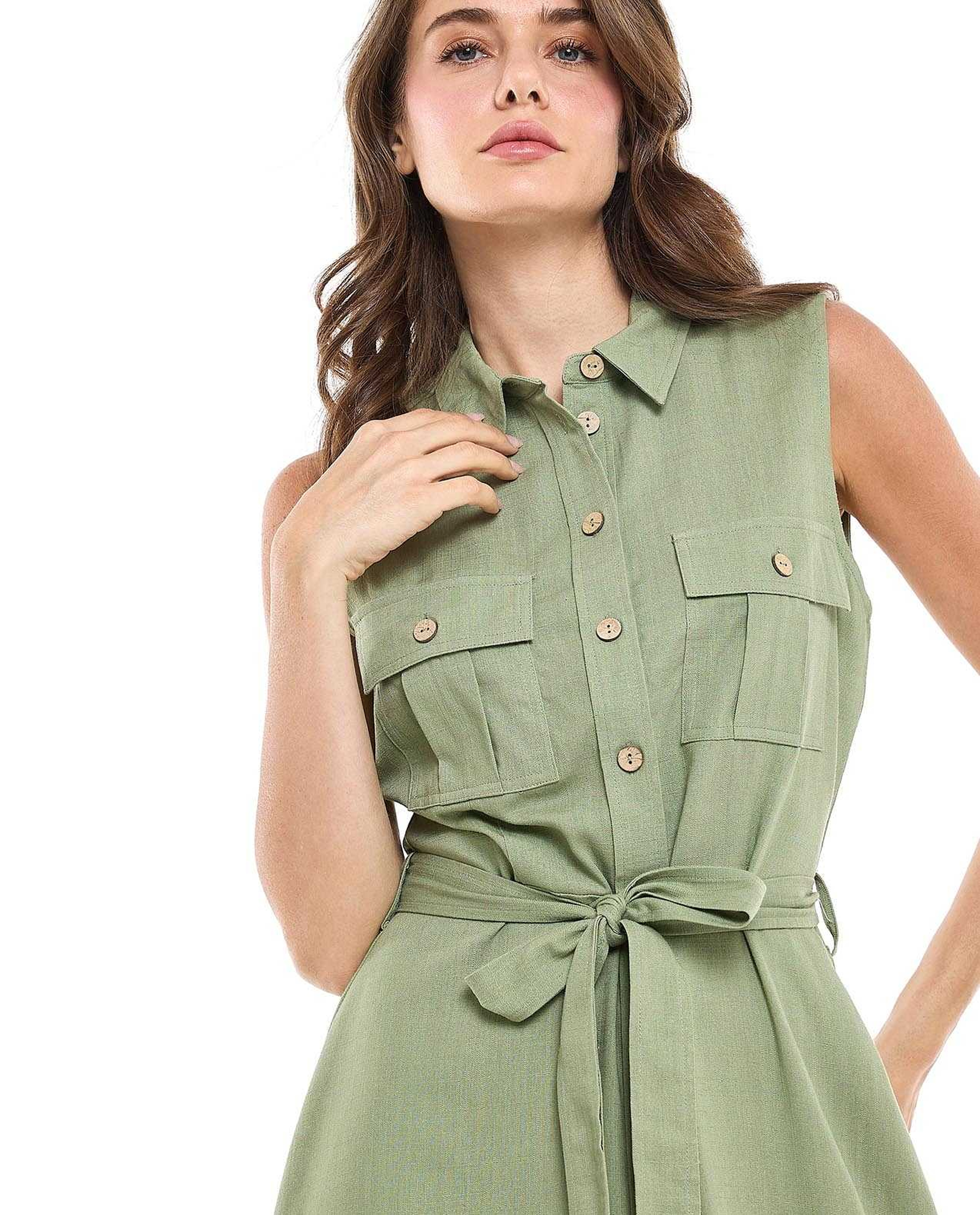 Pocket Detail Sleeveless Shirt Dress with Classic Collar