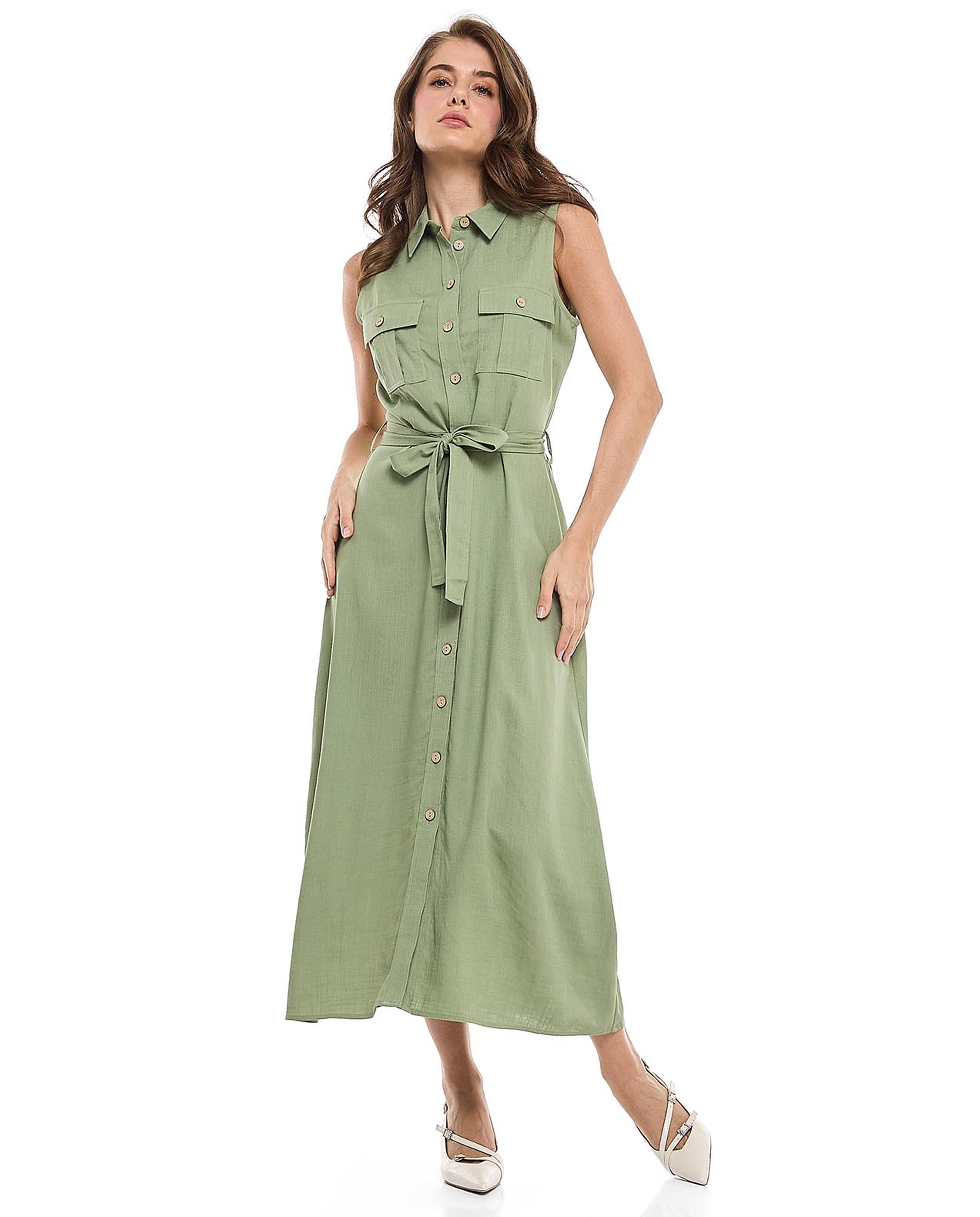 Pocket Detail Sleeveless Shirt Dress with Classic Collar