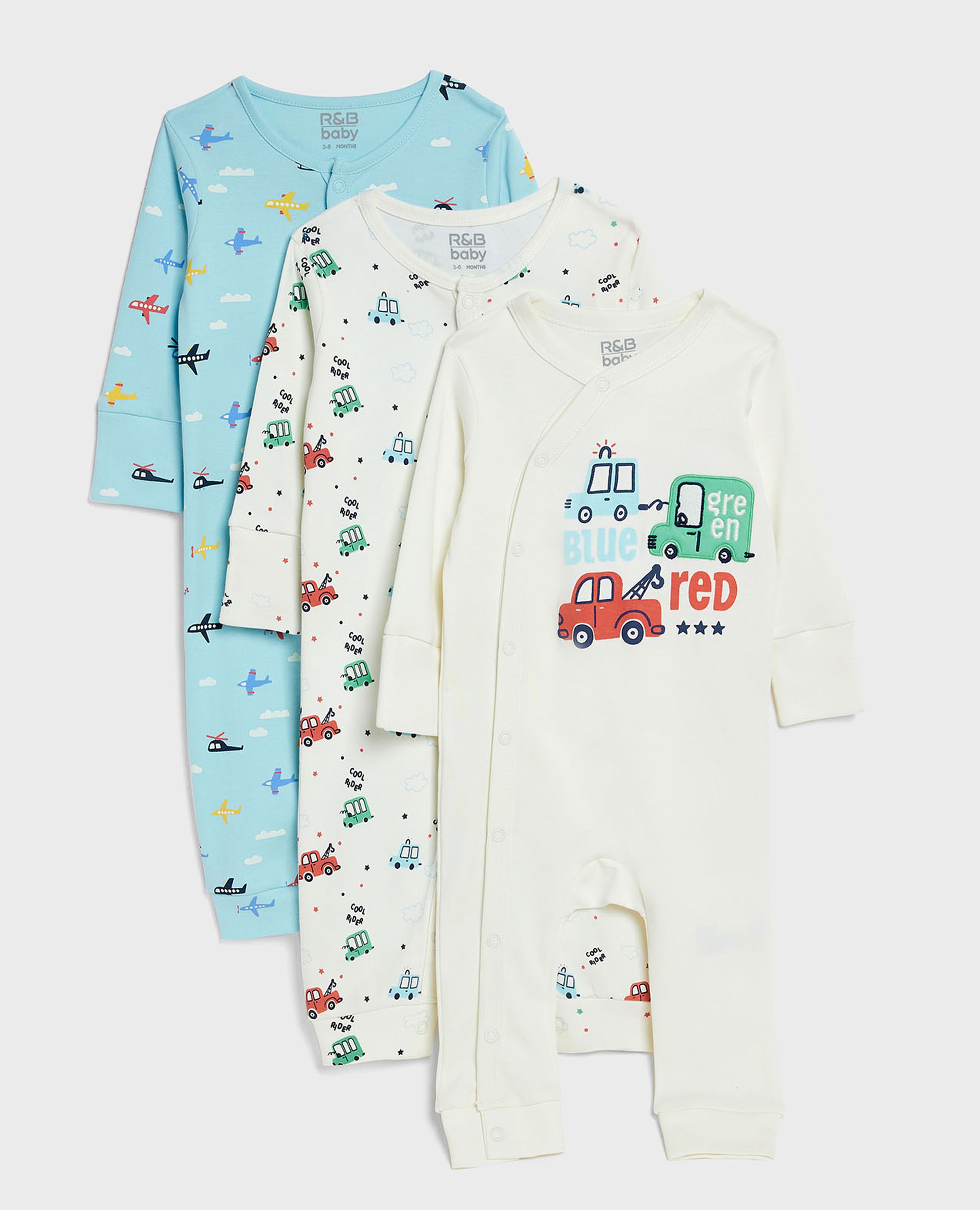 3 Pack Printed Sleepsuits with Long Sleeves