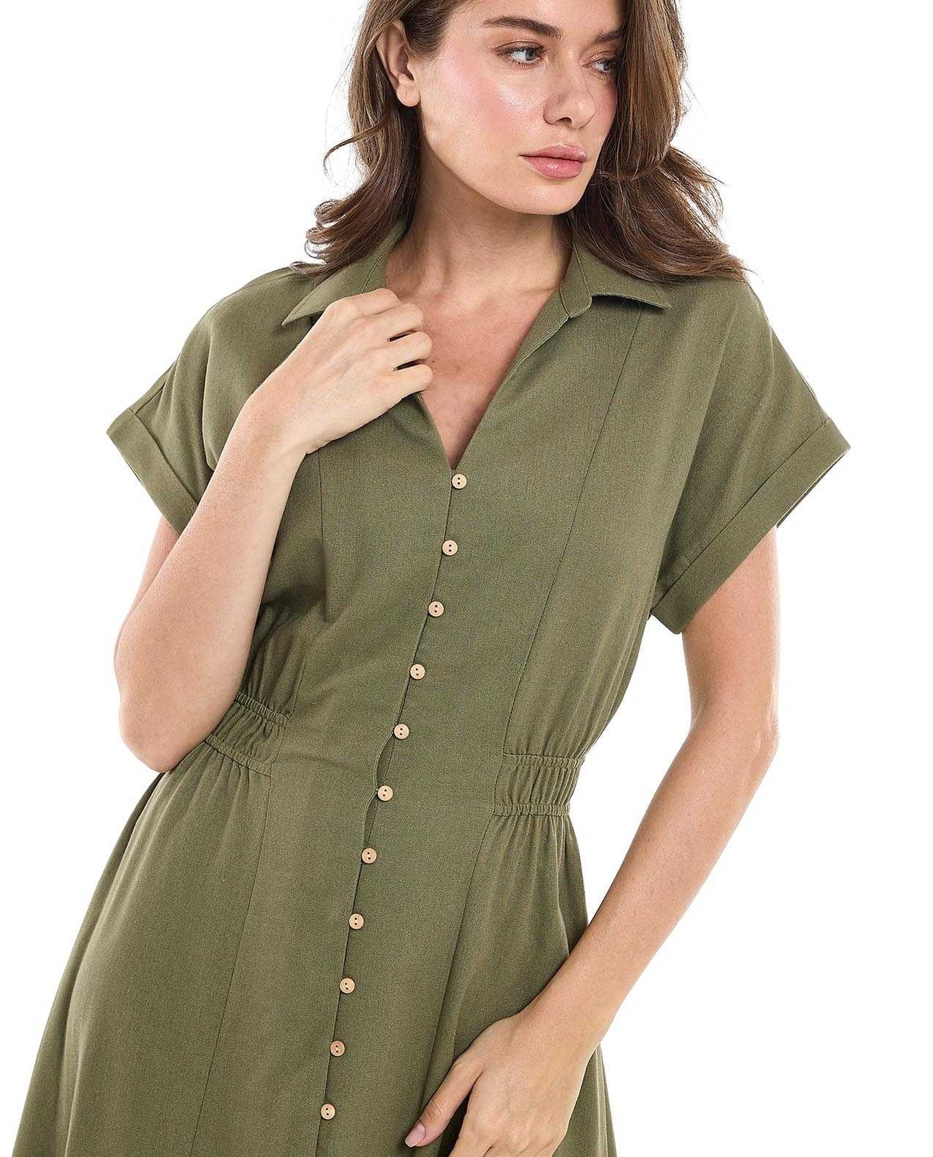 Ruched Side Shirt Dress with Classic Collar and Short Sleeves