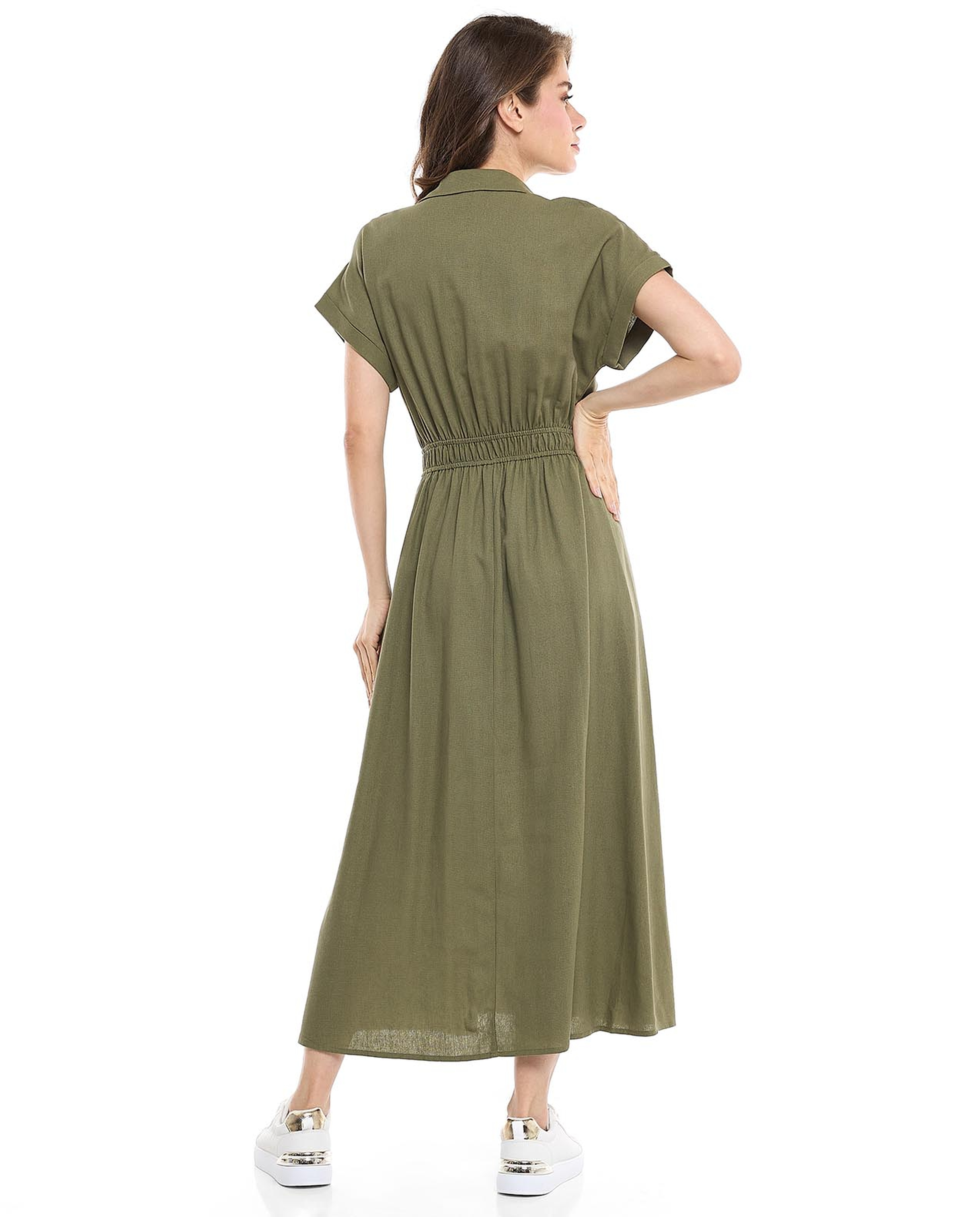 Ruched Side Shirt Dress with Classic Collar and Short Sleeves