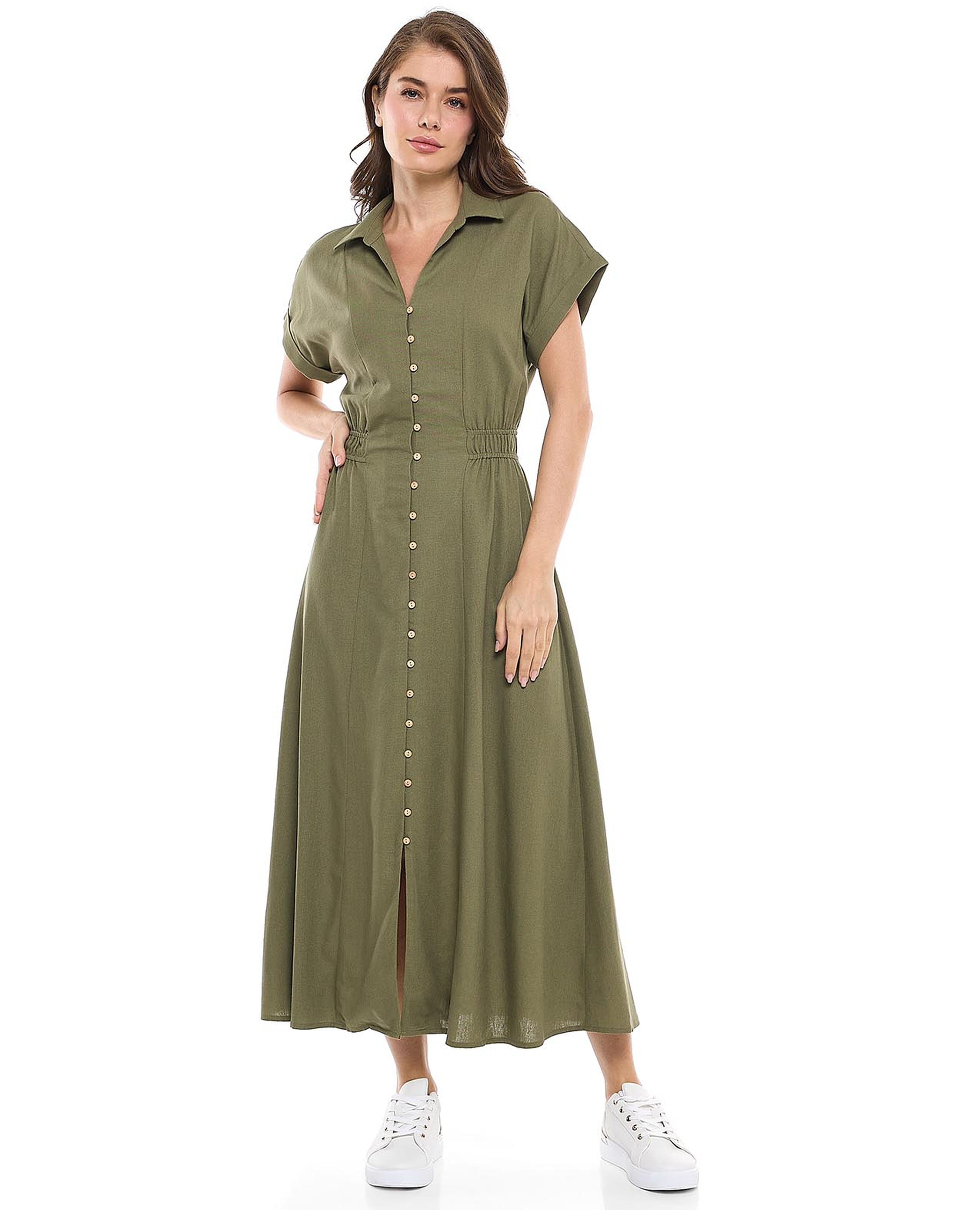 فستان قميص مزخرف مكشكش وأكمام قصيرة