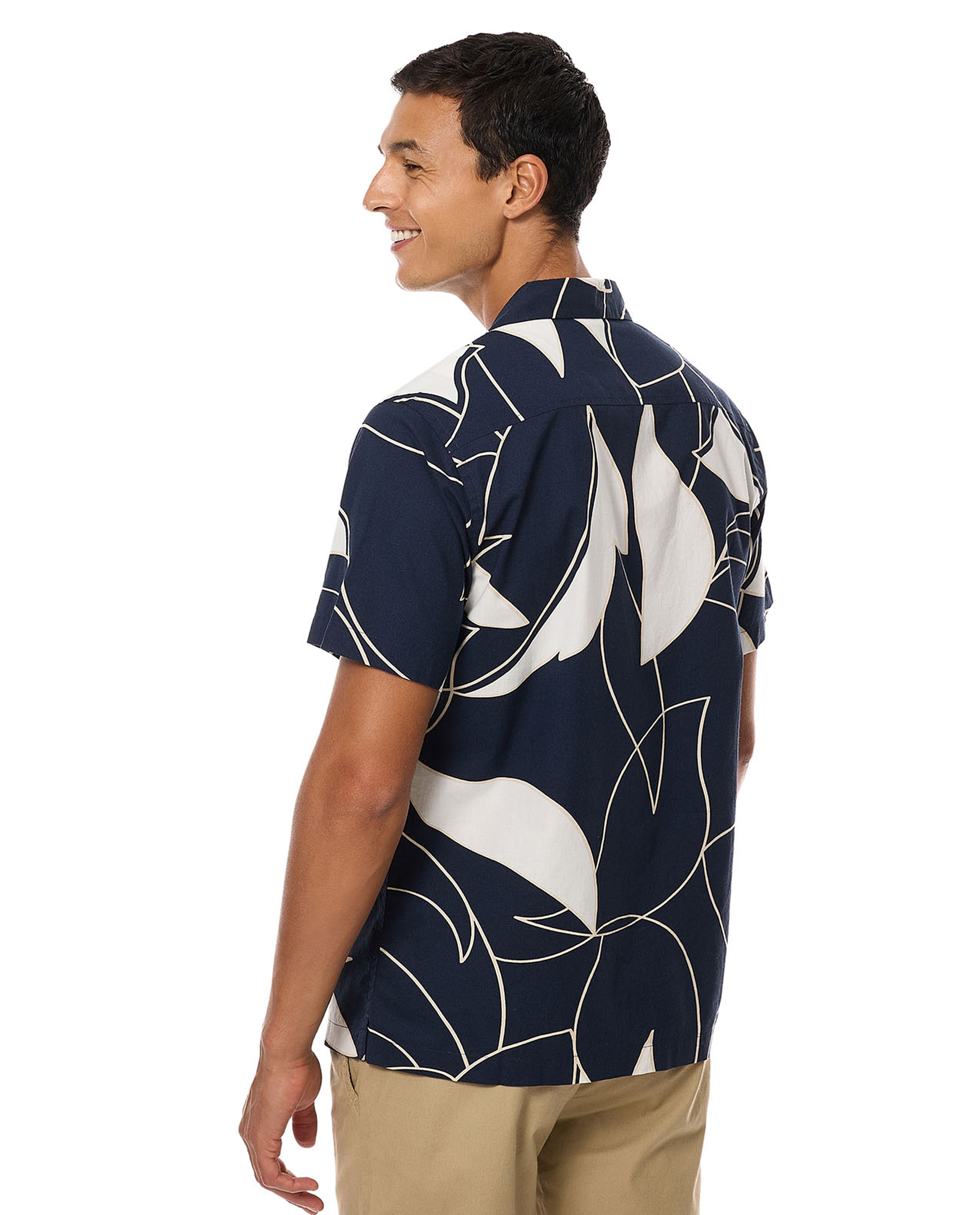 Patterned Shirt with Revere Collar and Short Sleeves