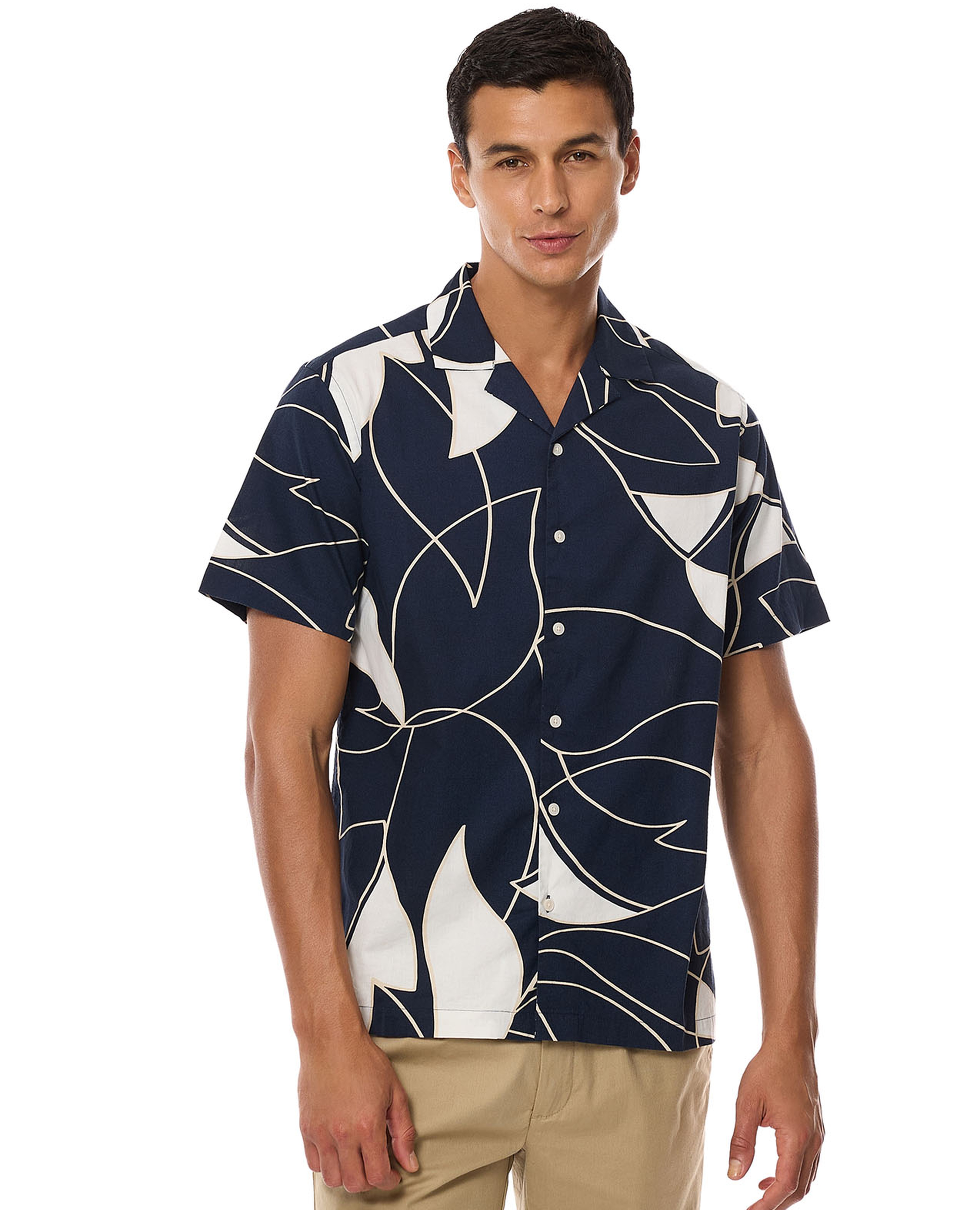 Patterned Shirt with Revere Collar and Short Sleeves